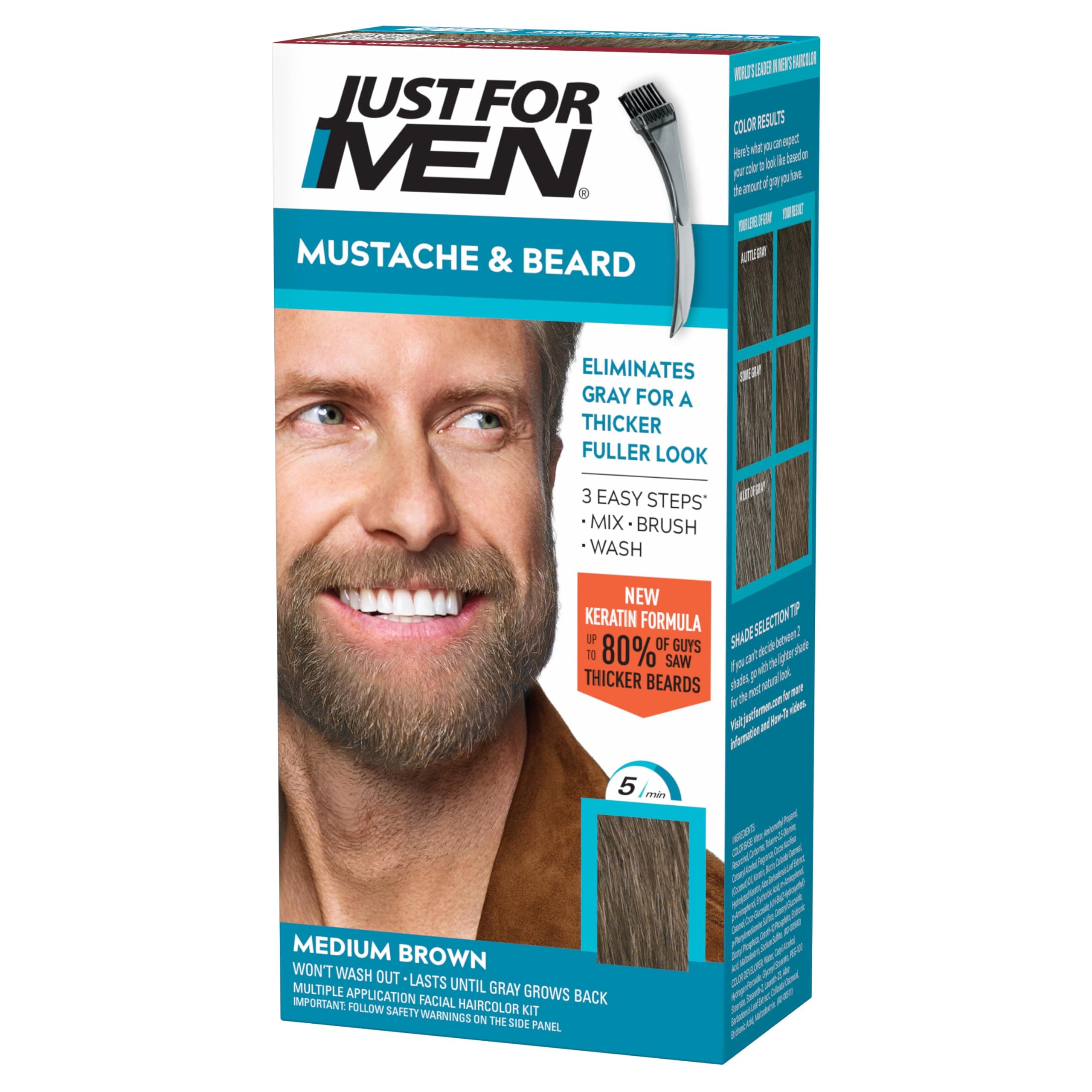 Just For Men Mustache & Beard multiple uses Beard Coloring for Gray Hair with Brush, With Keratin Biotin Aloe and Coconut Oil for Healthy Facial Hair Medium Brown, M-35, Pack of 1 (Packaging May Vary)