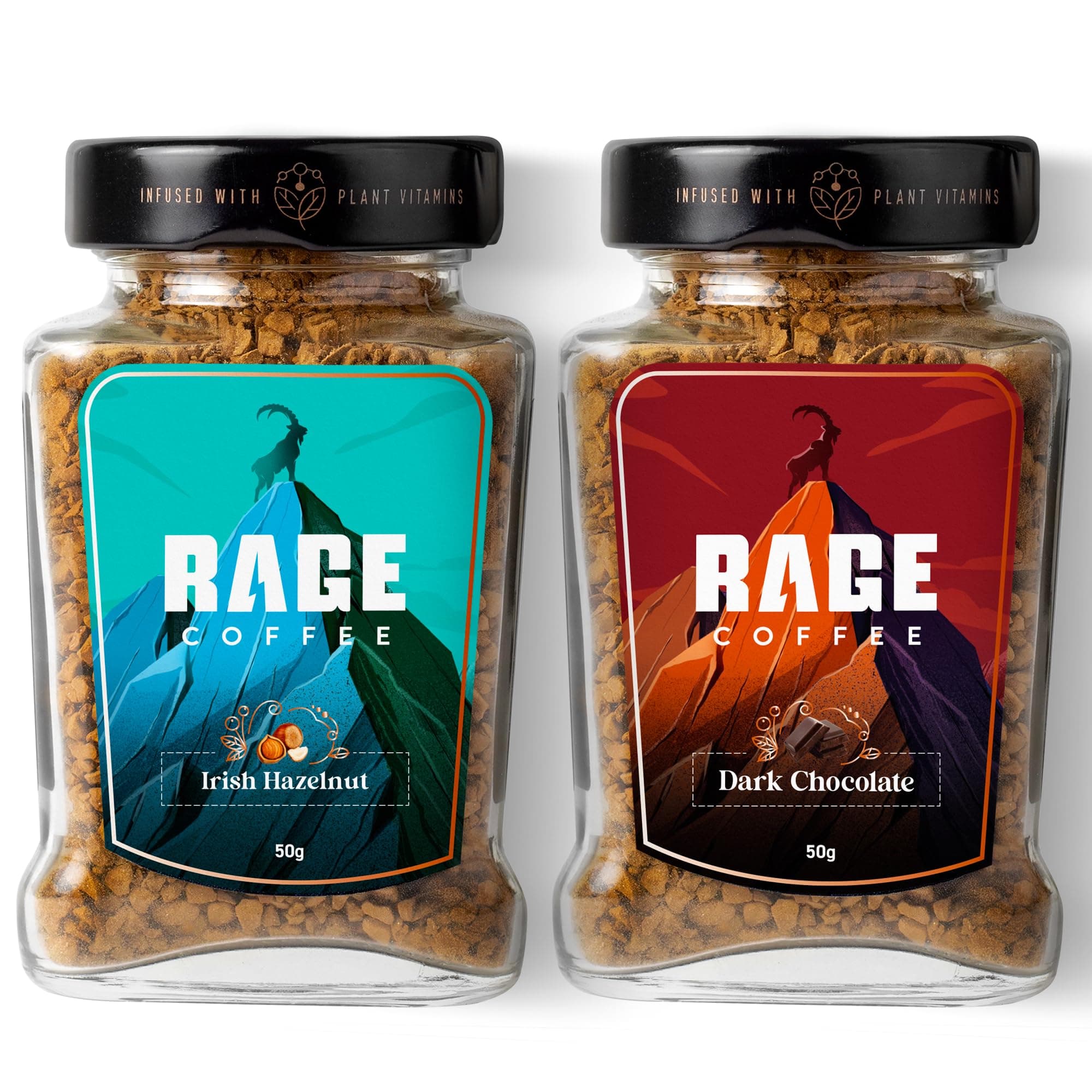 Combo Pack of 2 Flavoured Instant Ground Coffee - 50 gms each of Irish Hazelnut & Dark Chocolate, Glass Bottle