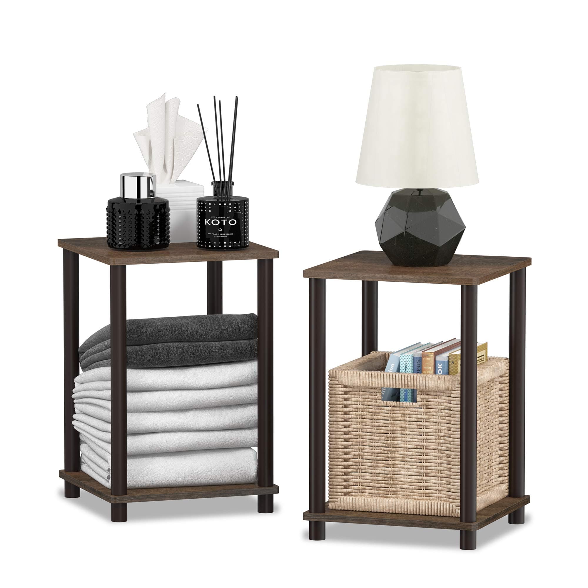 Furinno TURN-N-TUBE Side Table Set of 2, 2-Tier Stackable End Table with Open Shelf, Toolless Night Stand, Bedside Table, for Living Room, Bedroom, Walnut