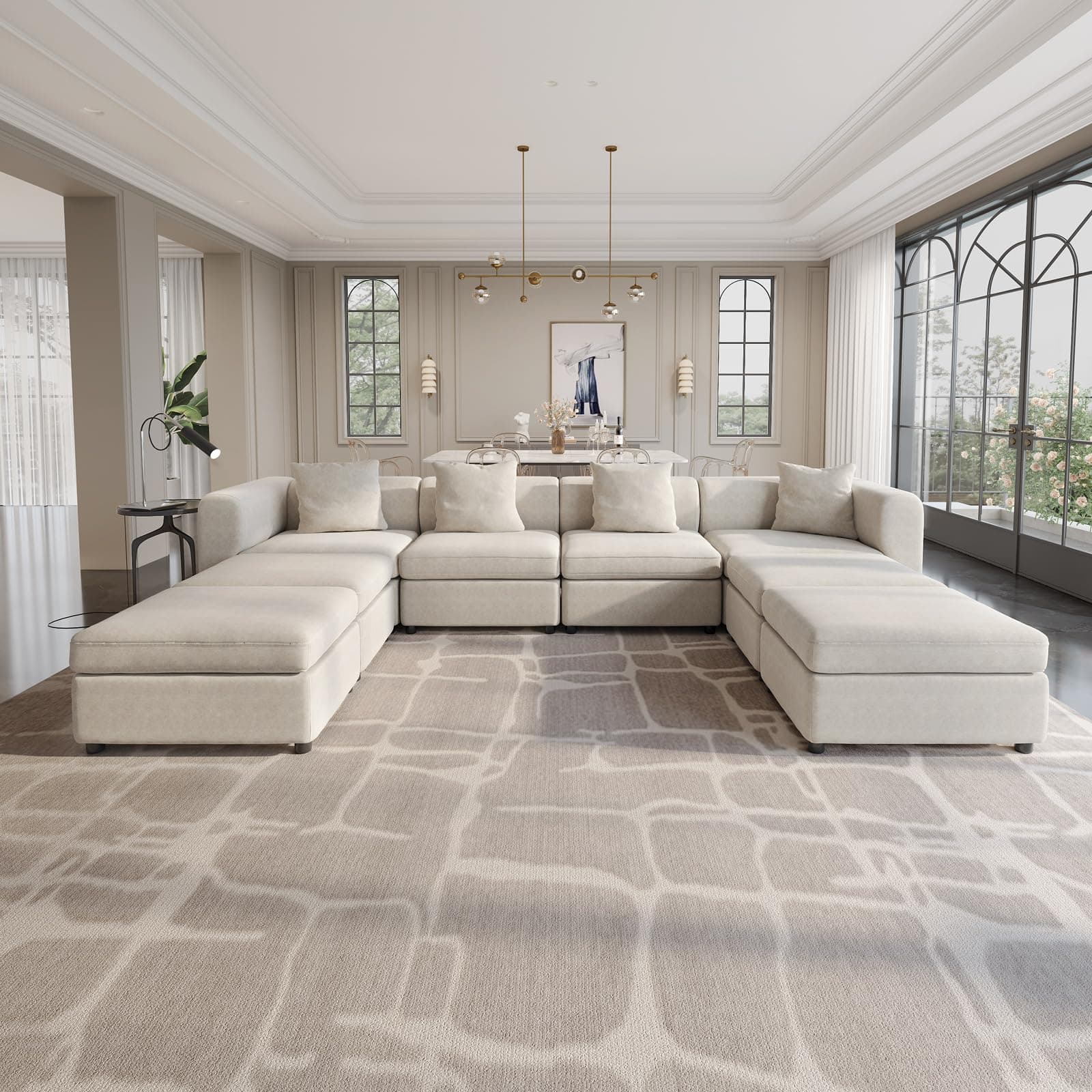 Guyii Velvet Sectional Sofa, Modern Oversized 8-Seater Sofa with 4 Pillows and Storage Footstool, 149.6" Long Convertible Sofa with Cushions, U-Shaped Sofa for Living Room, Apartment, Home