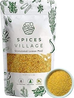 SPICES VILLAGE Dried Lemon Peel Granules, Lemon Zest Seasoning for Baking, (4 Oz), Citrus Fruit Seasoning for Cooking & Herb Tea - Kosher, Gluten Free, Non GMO, Resealable Bulk Bag