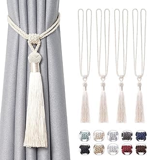 Pretty Jolly 4 Pack Long Tassel Curtain Tiebacks Handmade Braided Rope Knot Drape Tie Backs European Style Decorative Curtain Holdbacks for Home & Office Window Drapery (Beige)