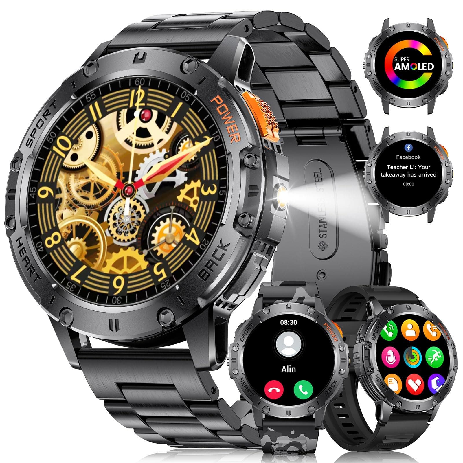 LIGE Military Smart Watches for Men(Answer/Make Call) - 3 Straps,1.43" HD AMOLED Upgraded Outdor 530mAh Sports Smartwatch with Flashlight/Heart Rate/Sleep Monitor/IP68, Fitness Tracker for Android iOS