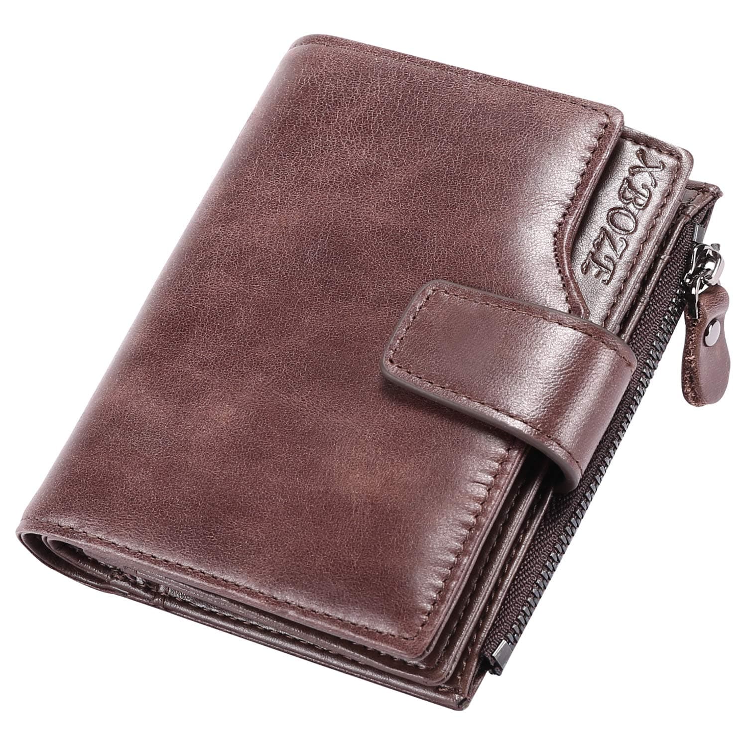 Mens Leather Wallet RFID Blocking Gents Leather Wallet with 16 Card Holders Bifold Wallet for Men with Coin Pocket Small Zipper Wallets Men (Coffee)