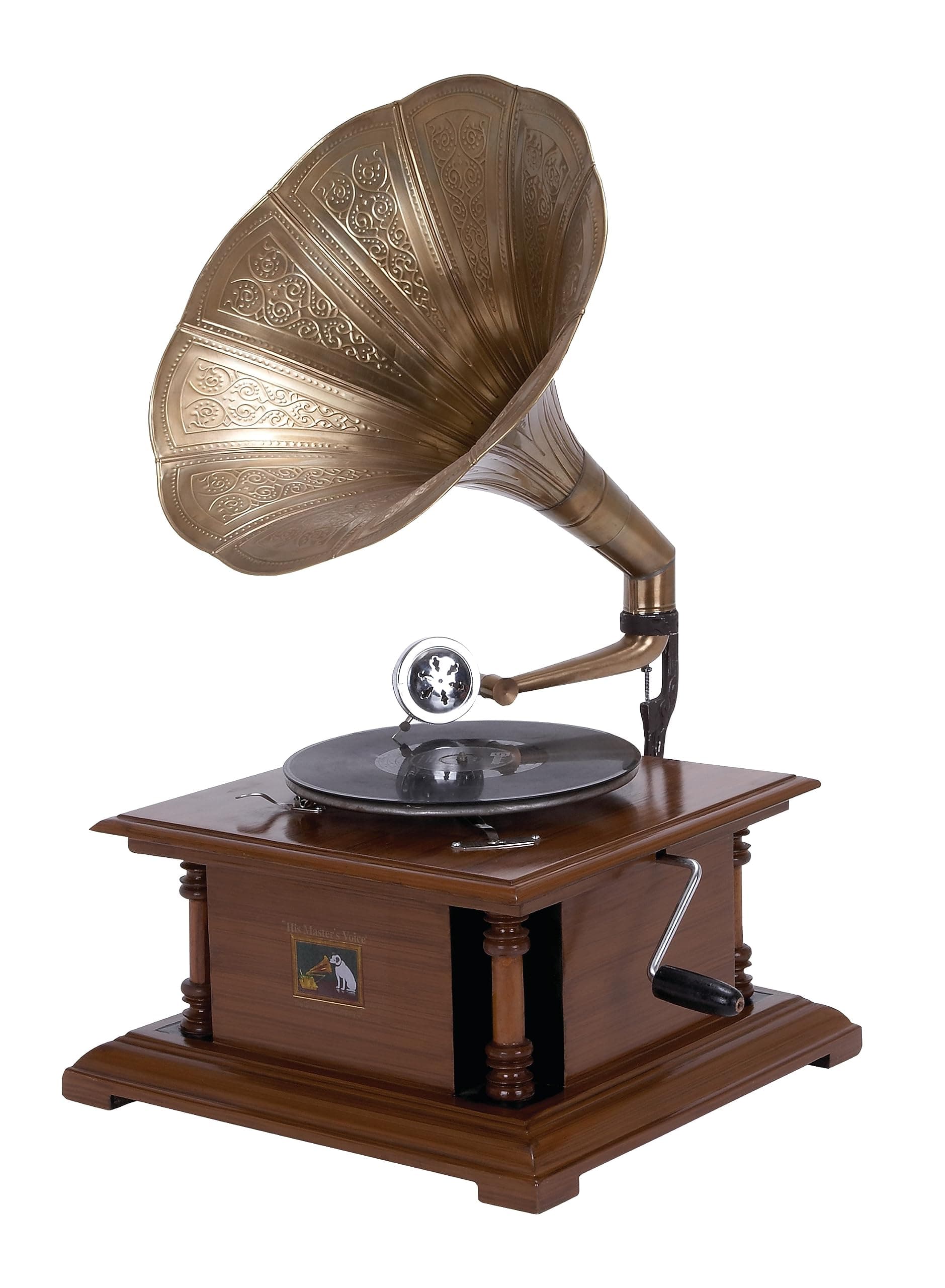 Deco 79 Wood Functional Gramophone with Record, 18" x 16" x 28", Copper
