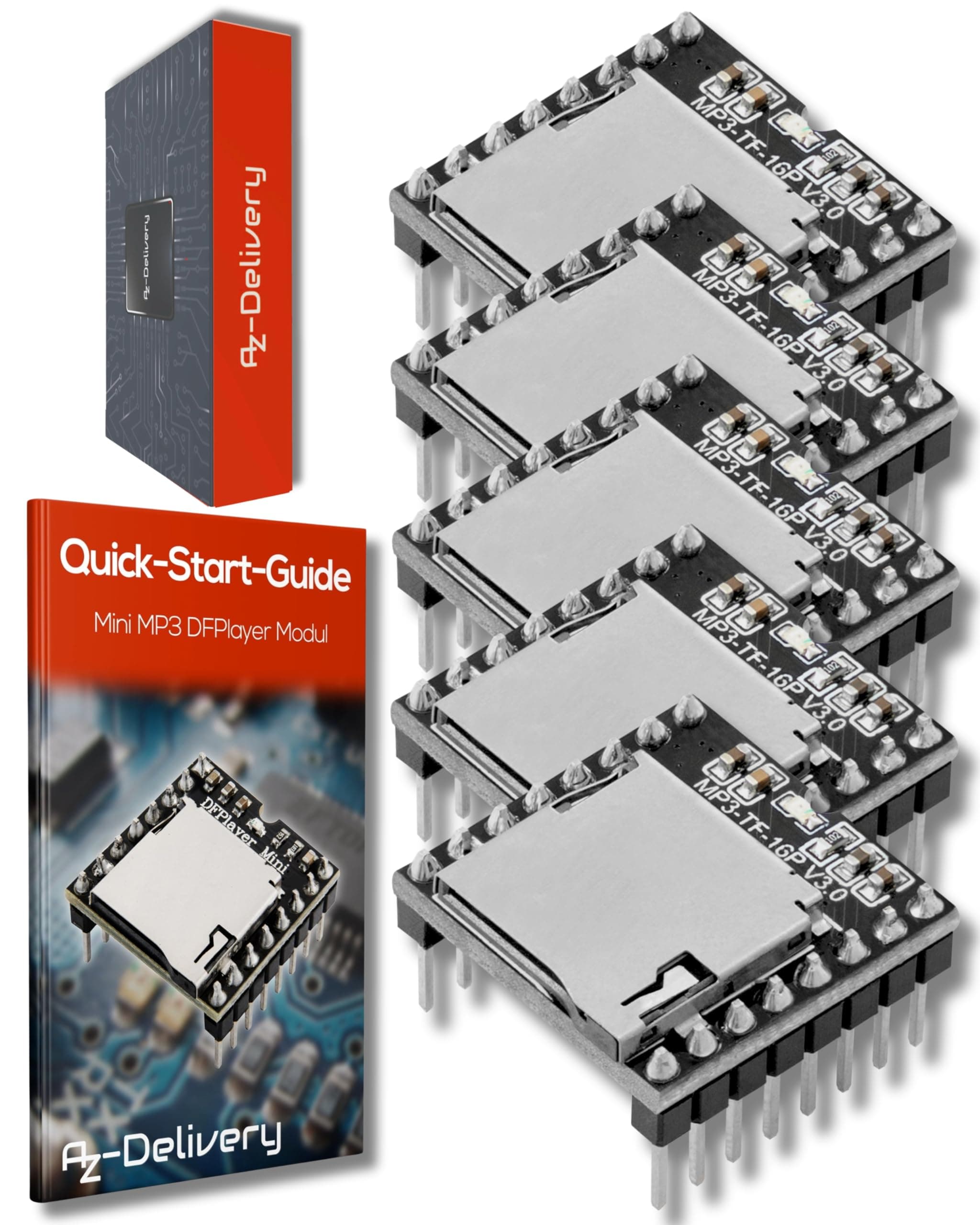 AZDelivery 5 x Mini MP3 Player Module Audio Voice Board Shield compatible with Arduino Including E-Book!