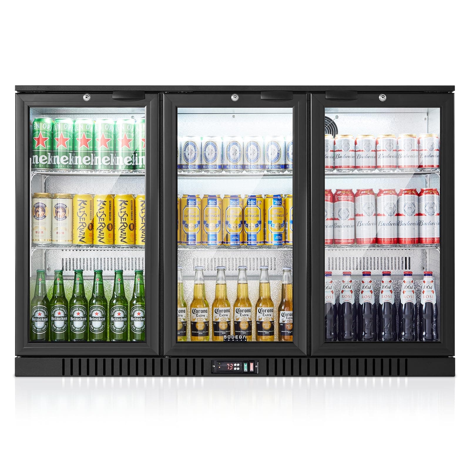 - BODEGACOOLER Commercial Bar Cooler With 3 Glass Doors,11.4 Cu.Ft Under Counter Beverage Refrigerator,Back Bar Refrigerator,Commercial Display Drink Fridge,LED Lighting Beer Wine Soda Drinks