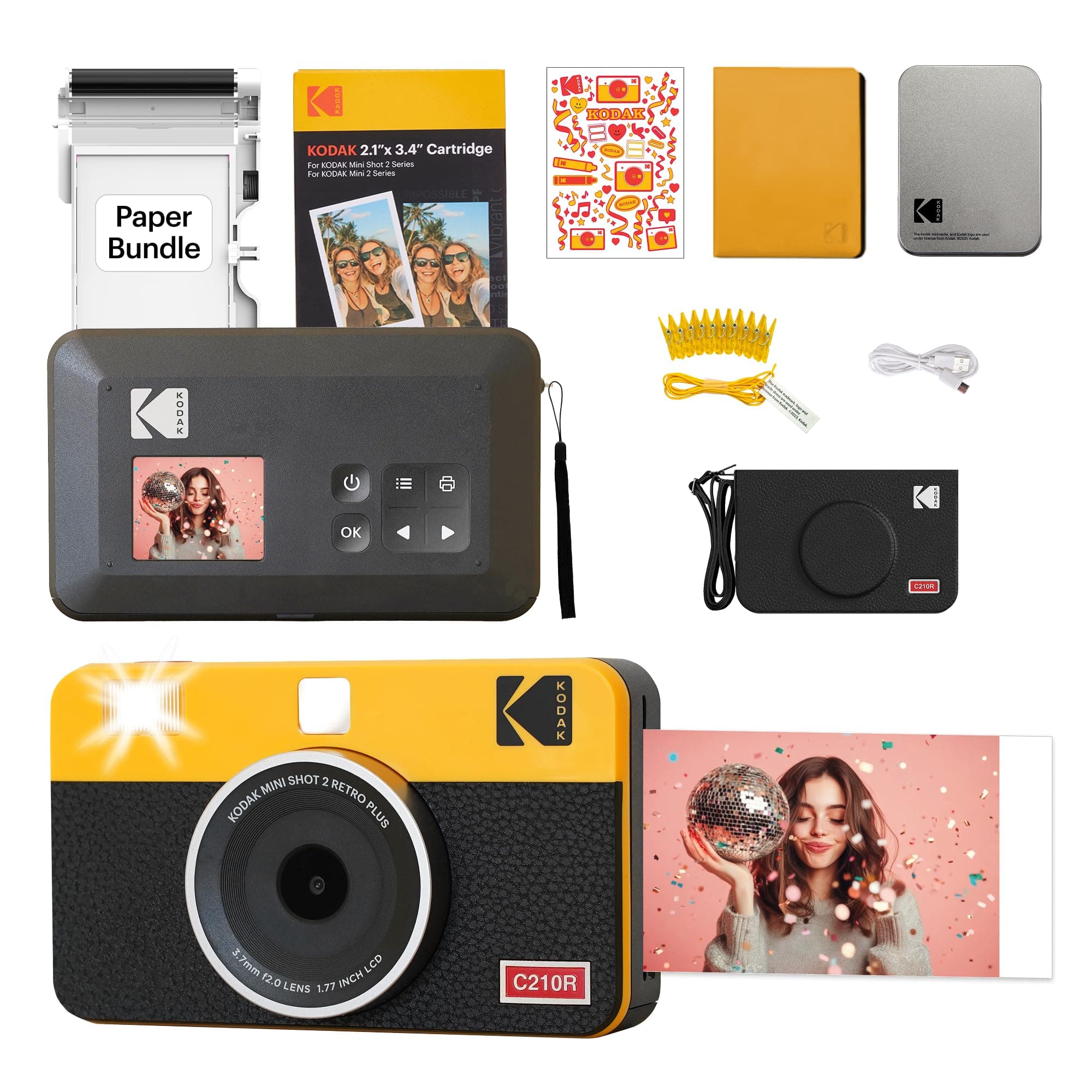 KODAK Mini Shot 2 Retro 4PASS 2-in-1 Instant Digital Camera and Photo Printer (2.1x3.4) Initial 8 Sheets + 60 Sheets Gift Bundle, Yellow