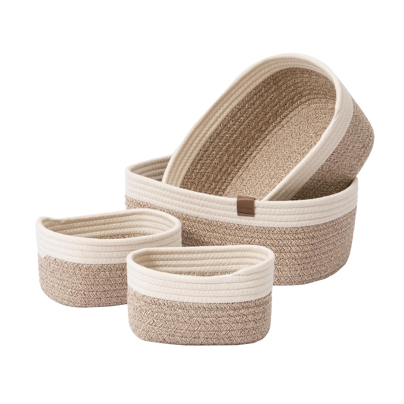– LA JOLIE MUSE Rope Storage Baskets for Organizing, Small Cotton Woven Basket for Bathroom Shelf Nursery, Decorative Basket Organizer Bins 4 Pack, White&Desert