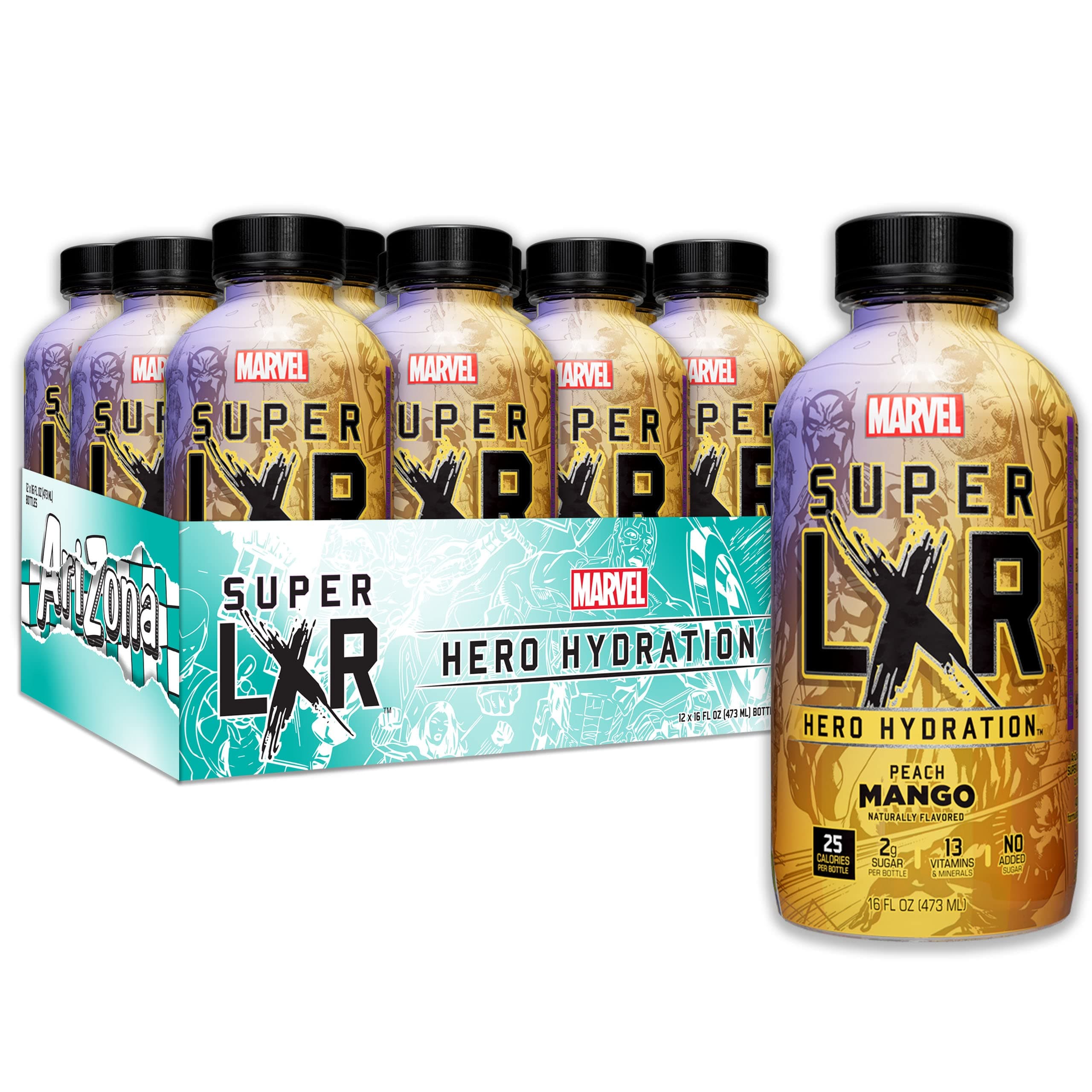 Arizona x Marvel Super LXR Peach Mango Hero Hydration Drink, Pack of 12 x 473ml PET Bottles Sports Drink with Electrolytes & Vitamins