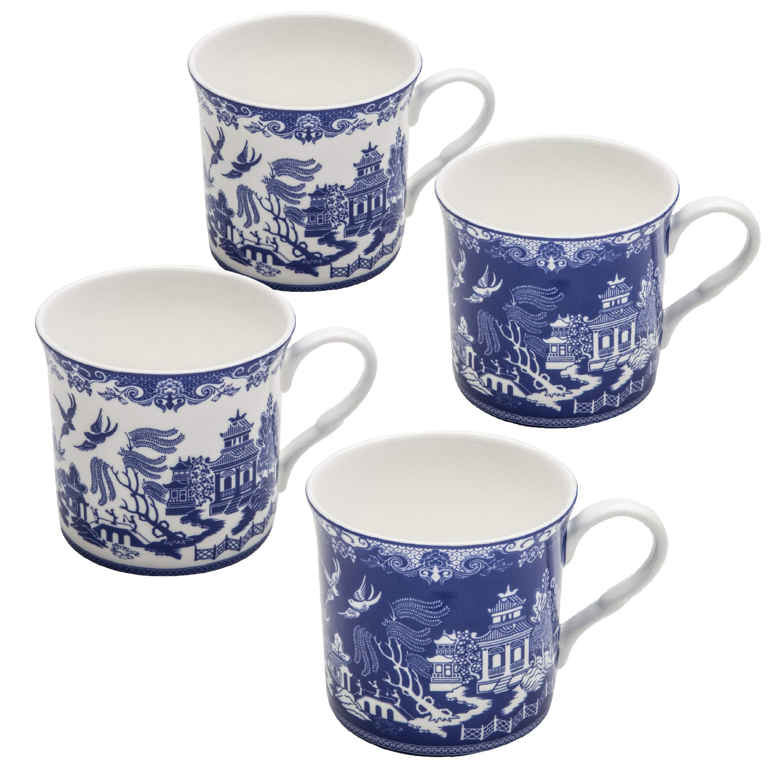 Blue Willow Bone China Coffee Tea Mugs 10-Ounce (2 Assorted Patterns, Set of 4) (S17301I/C-BLU-6)