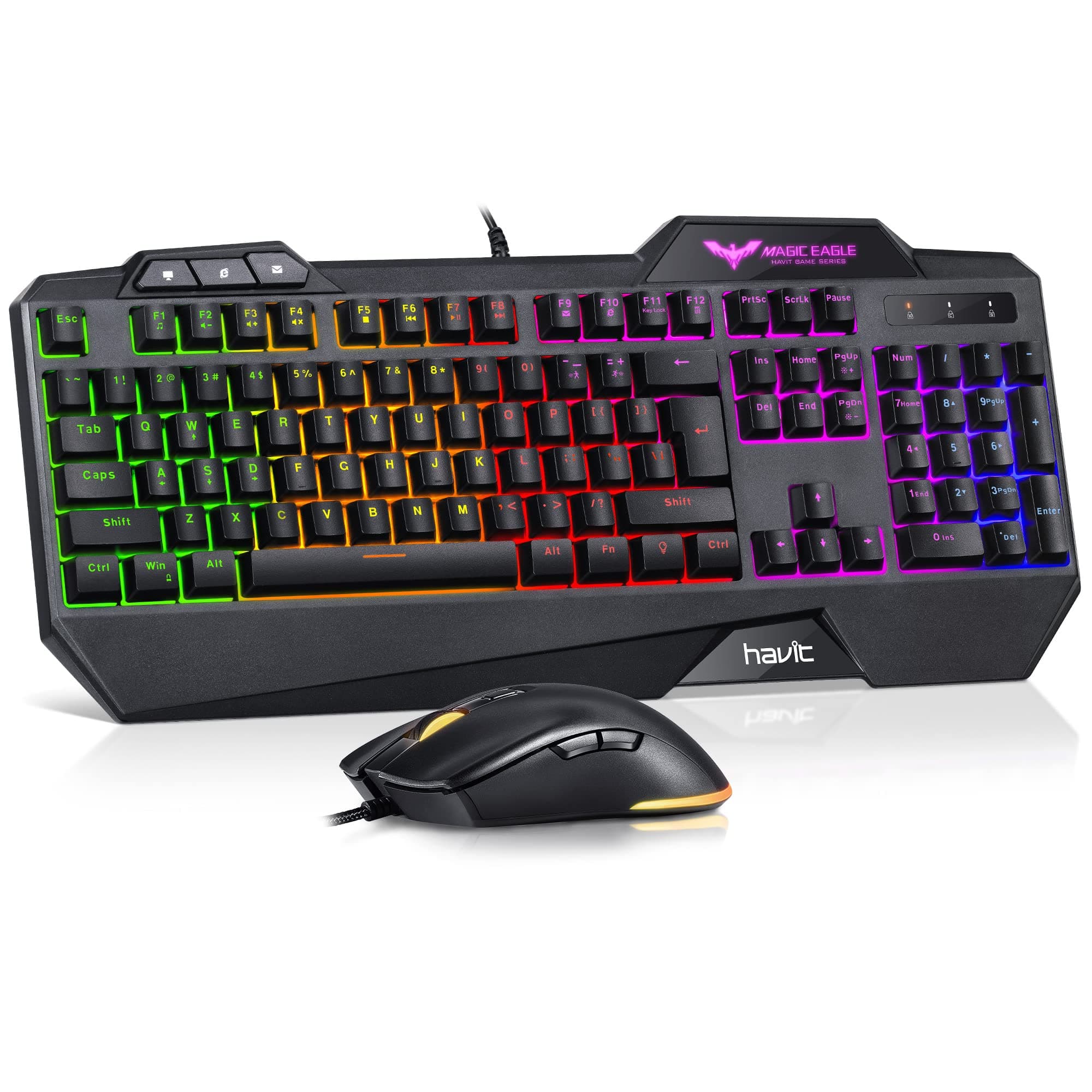 Havit Gaming Keyboard Mouse Combo LED Rainbow Backlit 104 Keys USB Ergonomic Wrist Rest 3200DPI 6 Button Mouse for Windows & Mac PC Gamers (Black)