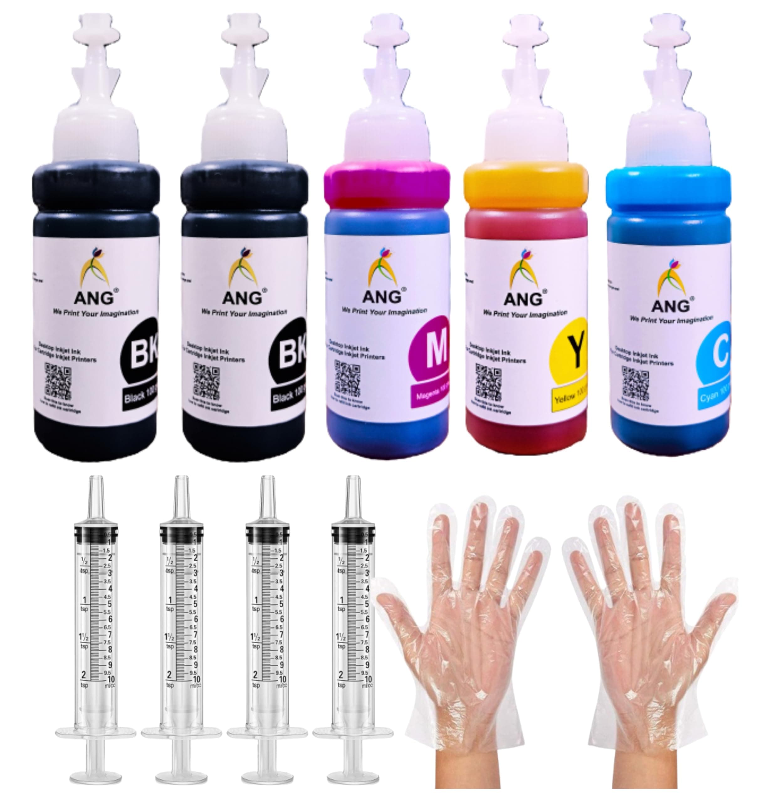 - ANG Refill Kit Combo Pack for Inkjet Cartridge Refill Inks – 100g Per Bottle (Cyan, Magenta, Yellow, Black) with Syringe & Gloves