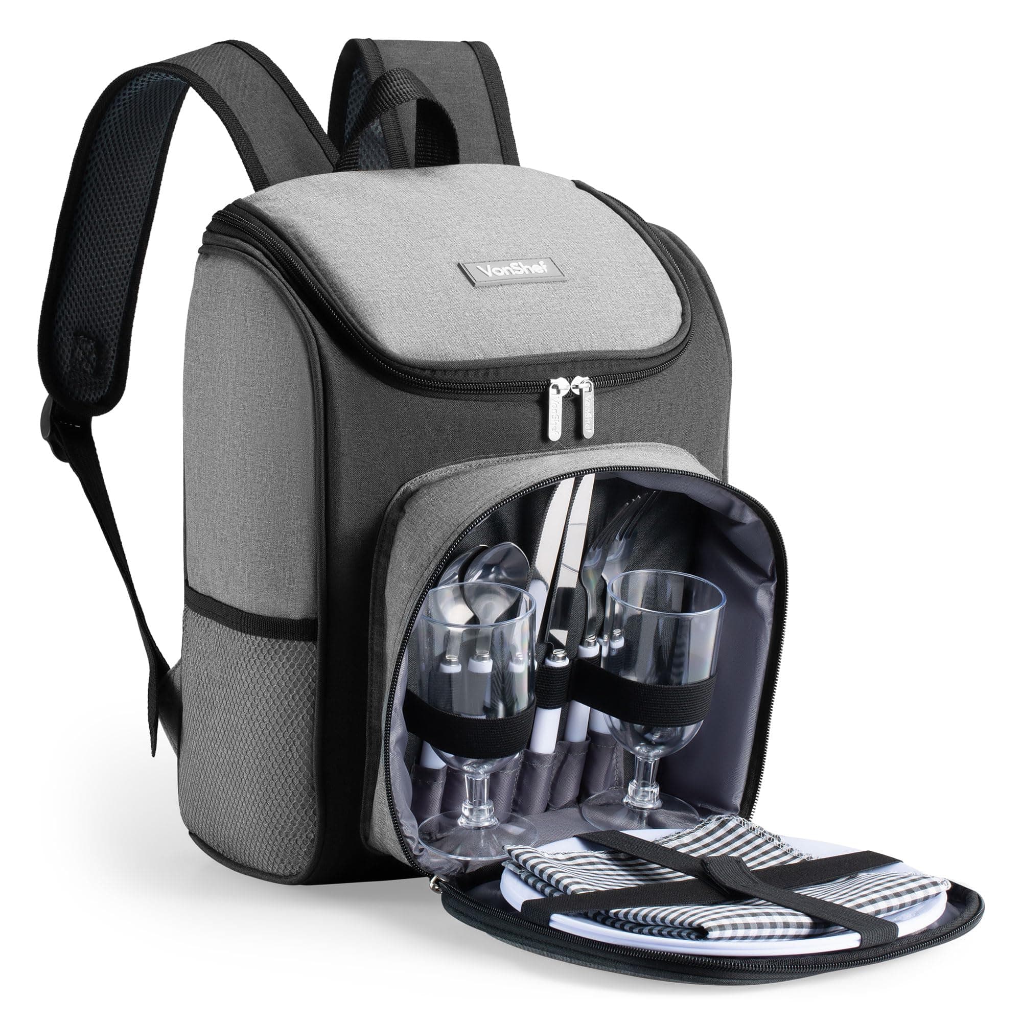 VonShef Picnic Backpack, 2 Person Grey Picnic Hamper with Dining & Cutlery Set & Cooler Compartment, Lightweight Water Resistant Cool Bag, Insulated Camping Accessories