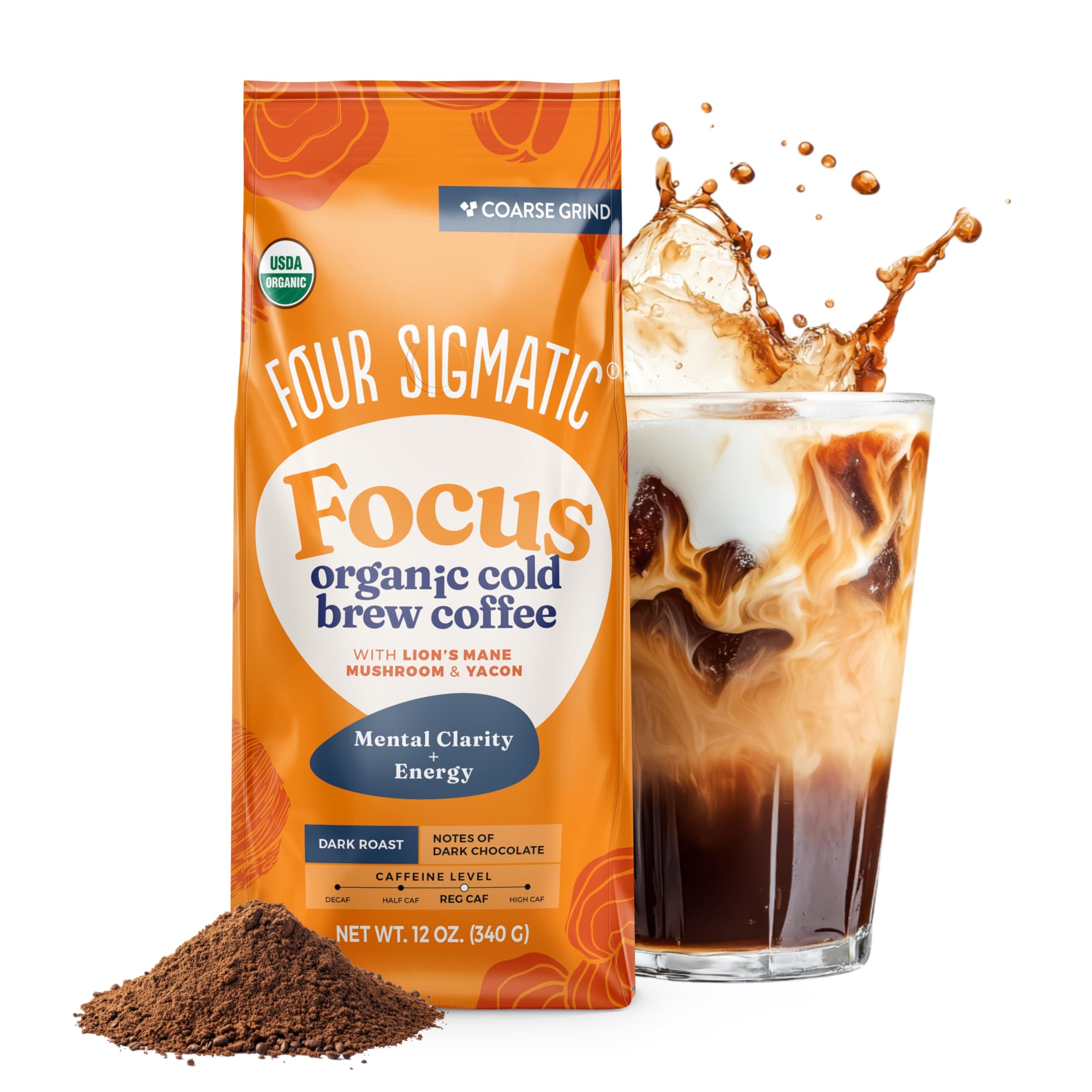 Four Sigmatic Organic Cold Brew Coffee Grounds | Dark Roast, Coarse Grounds with Lion's Mane and Chaga | Cold Brew Mushroom Coffee for Crash-Free Focus | 12 oz Bag