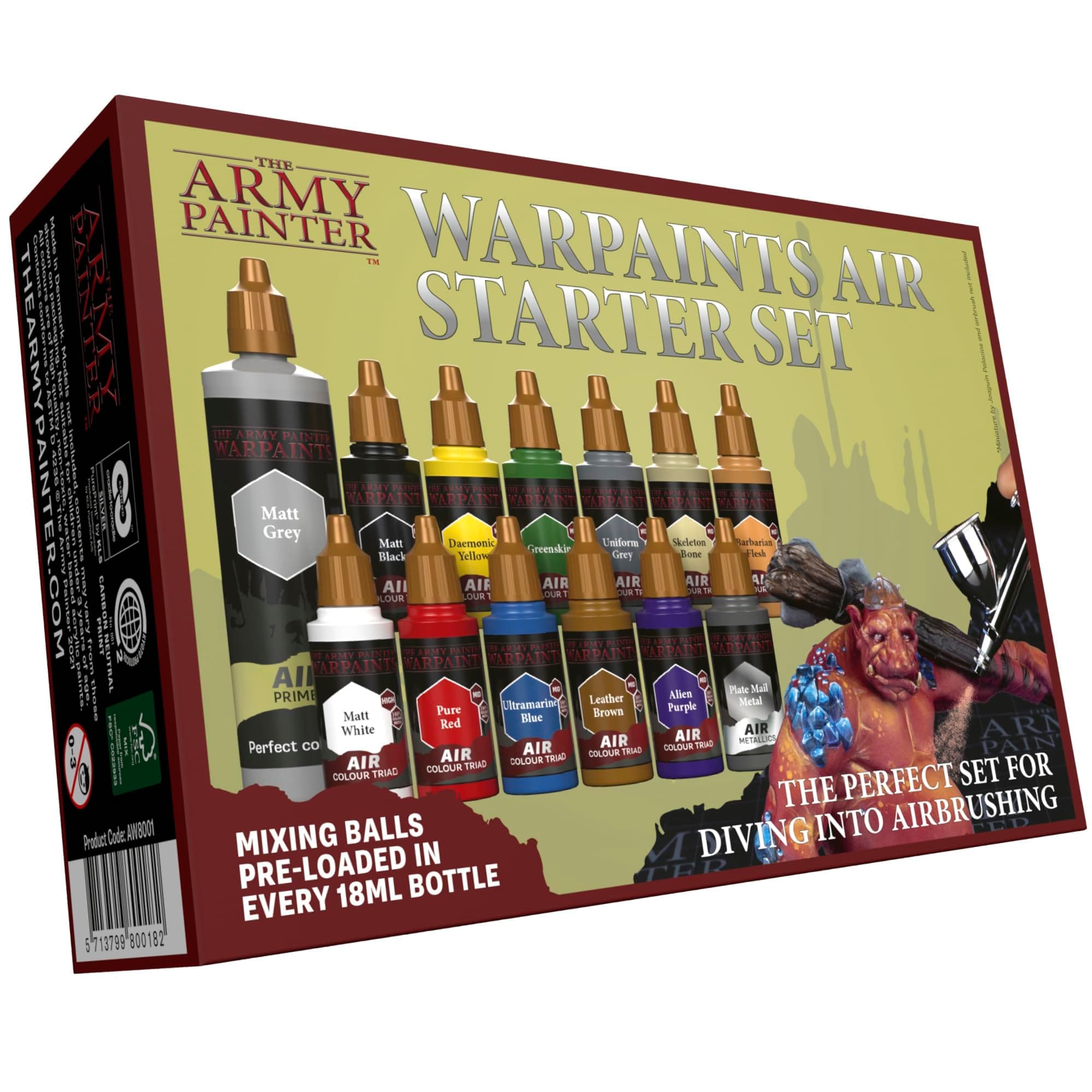 The Army Painter, Warpaints Air Starter Set, 12 x 18ml Pre-thinned Acrylic Airbrush Paints, incl. 1 Metallic & 1 Grey 100ml Primer - Air brush Paint Kit for models and miniature painting