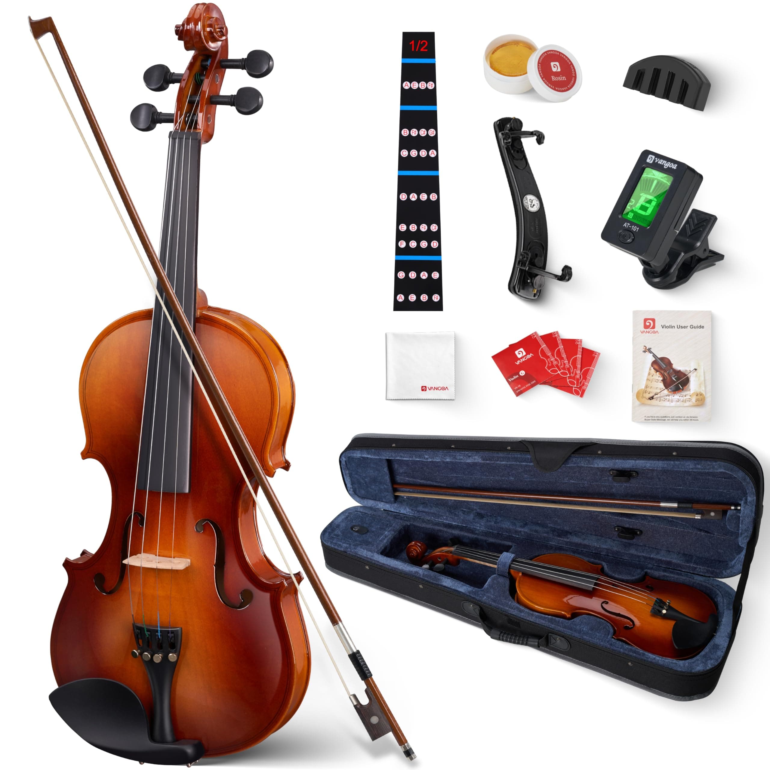 Vangoa Violin 1/2 Size for Beginners Full Set, Spruce Childrens Fiddle Half Size Bundle Medium Acoustic Violins Starter Kit Package w/Side Solidwood, Hard Case for School Students Ages 6-9