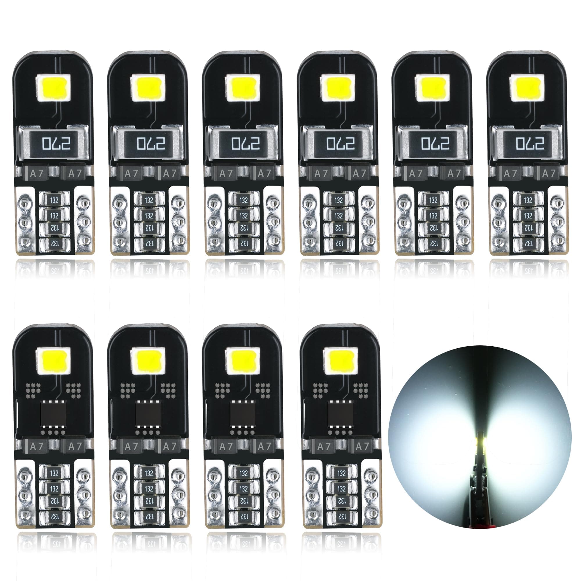 T10 W5W 194 LED Bulb CANBUS Error Free 2SMD Super Bright 501 2825 168 Wedge 12V for Car Interior Dome Map Door Side Marker Courtesy License Plate Lights 6000K Xenon White