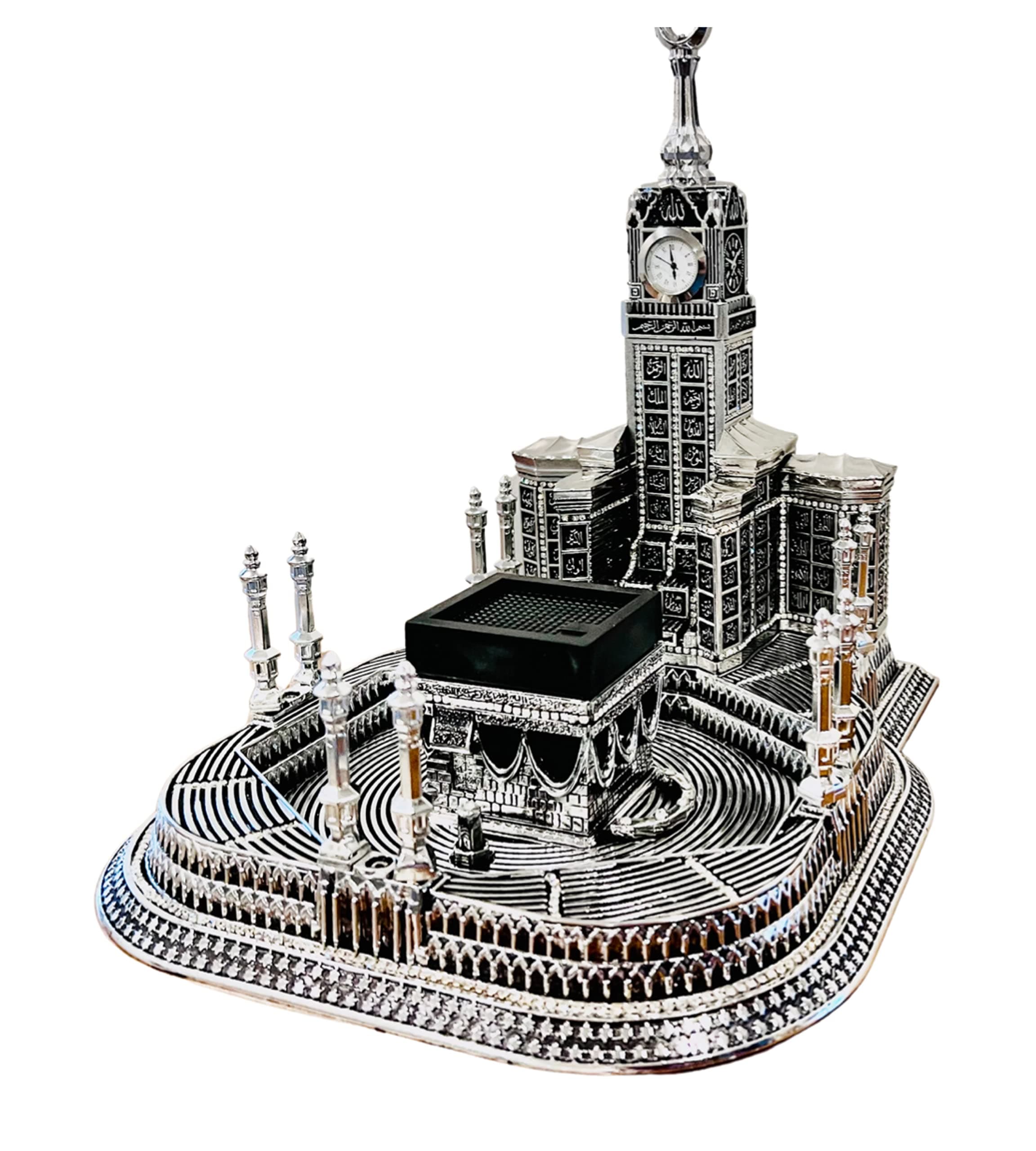 House Warming & Eid Islamic Gift - Al Kaaba & Mecca Clock Tower Replica with Asma ul Husna, Acrylic Turkish Decor (Silver-Lg)