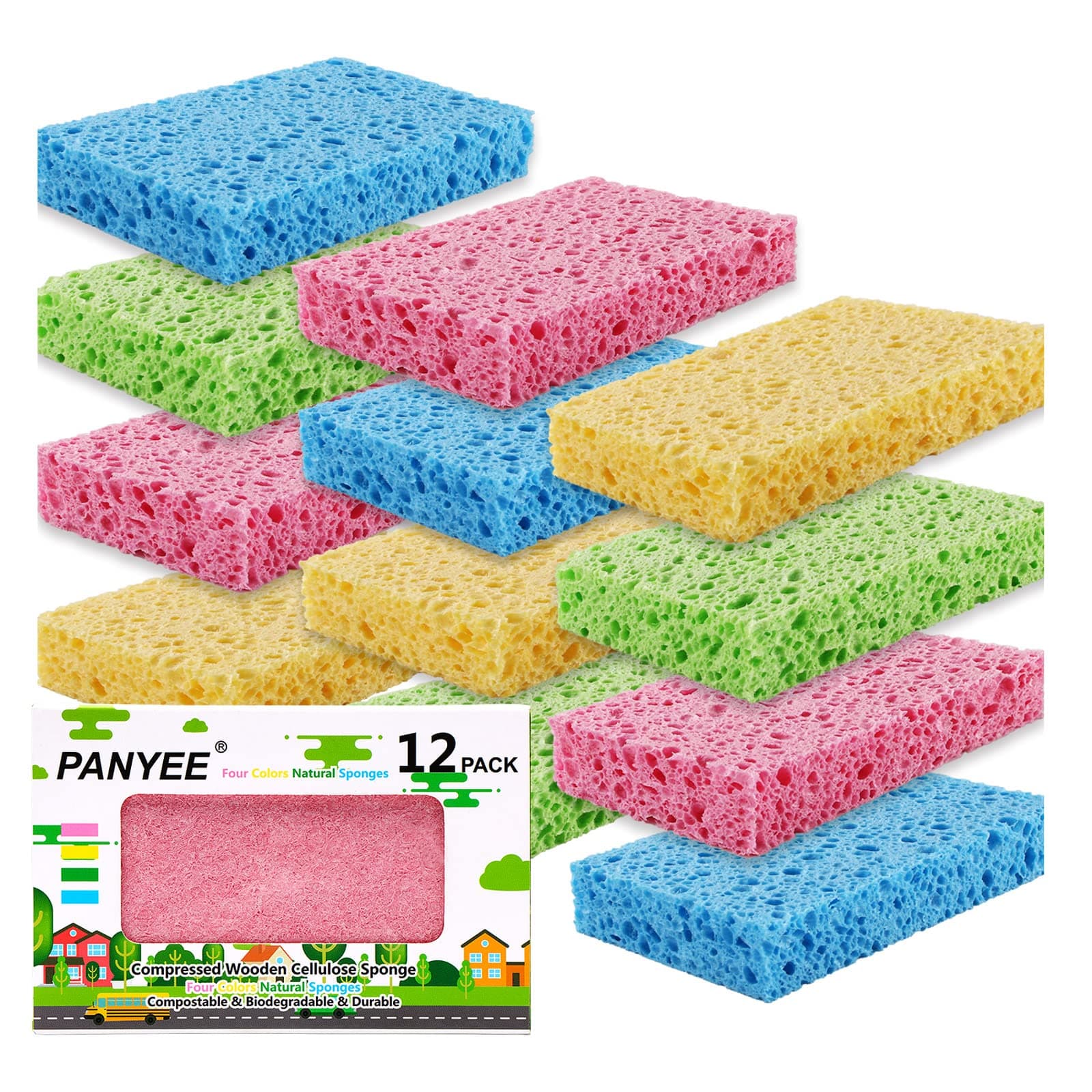 - Compressed Cellulose Kitchen Sponges 12Pack，Non-Scratch Biodegradable Natural Colorful Sponge Scrub for Dishes Cleaning,Funny DIY Sponge for Kids