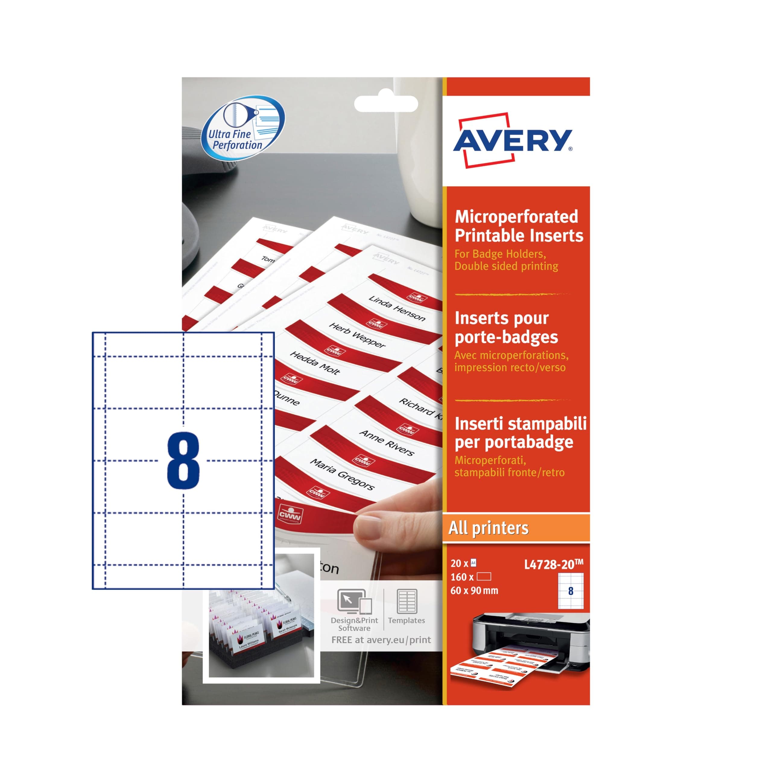 Avery L4728-20 Printable Name Badge Insert Refills – 90 x 60 mm, White, Pack of 160 Inserts