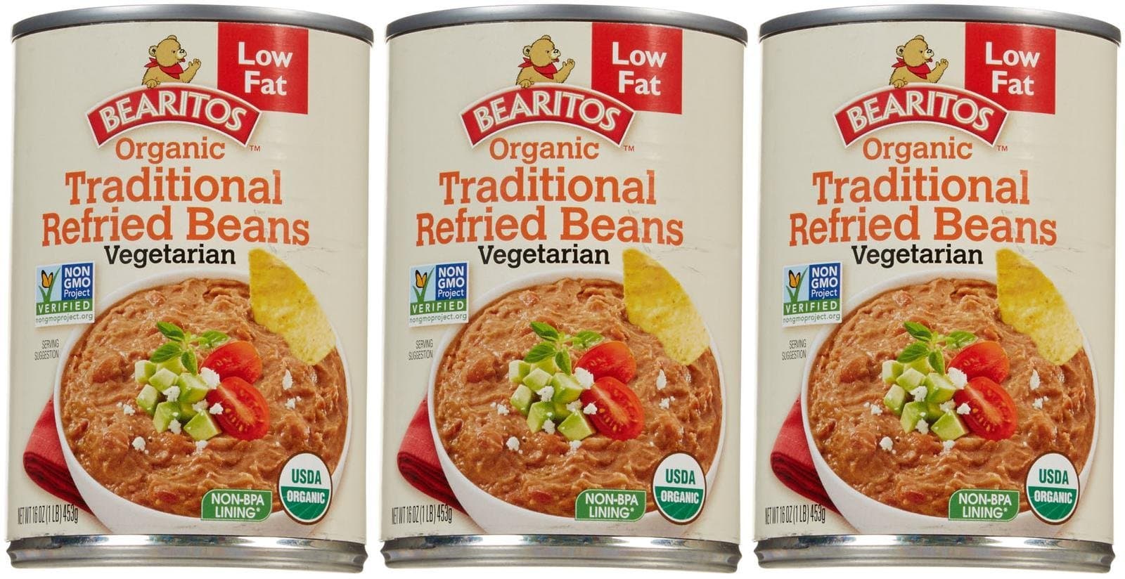 BEARITOS Organic Refried Beans Traditional-16 Oz-3 Pack
