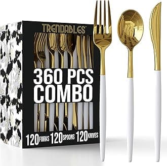 Trendables 360 Pack Disposable Silverware Set - Dinnerware Set Includes 120 Forks, Spoons, Knives in White & Gold