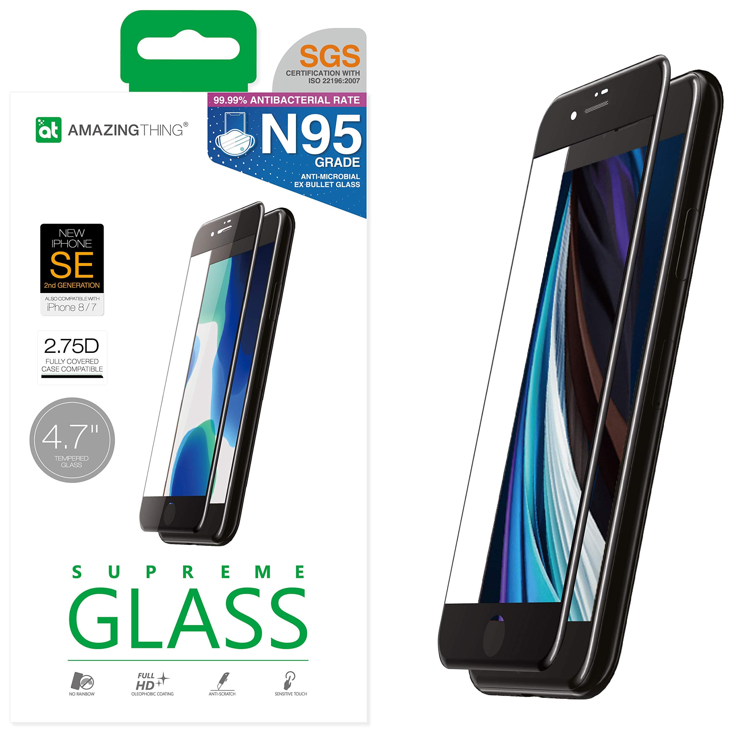 Amazing Thing Anti Microbial for iPhone SE (2020)/ iPhone 8/ iPhone 7 Tempered Glass Screen Protector with Dust Filter - Fully Covered 2.75D Supreme Glass Ex Bullet N95 Grade Anti Bacterial technology