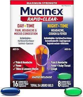 Rapid Clear Maximum Strength Day & Night Cold and Flu Medicine for Adults, Over-The-Counter Medication for Headache Relief, Mucus Congestion, & Cough, Rapid Release Liquid Gels, 24 Count