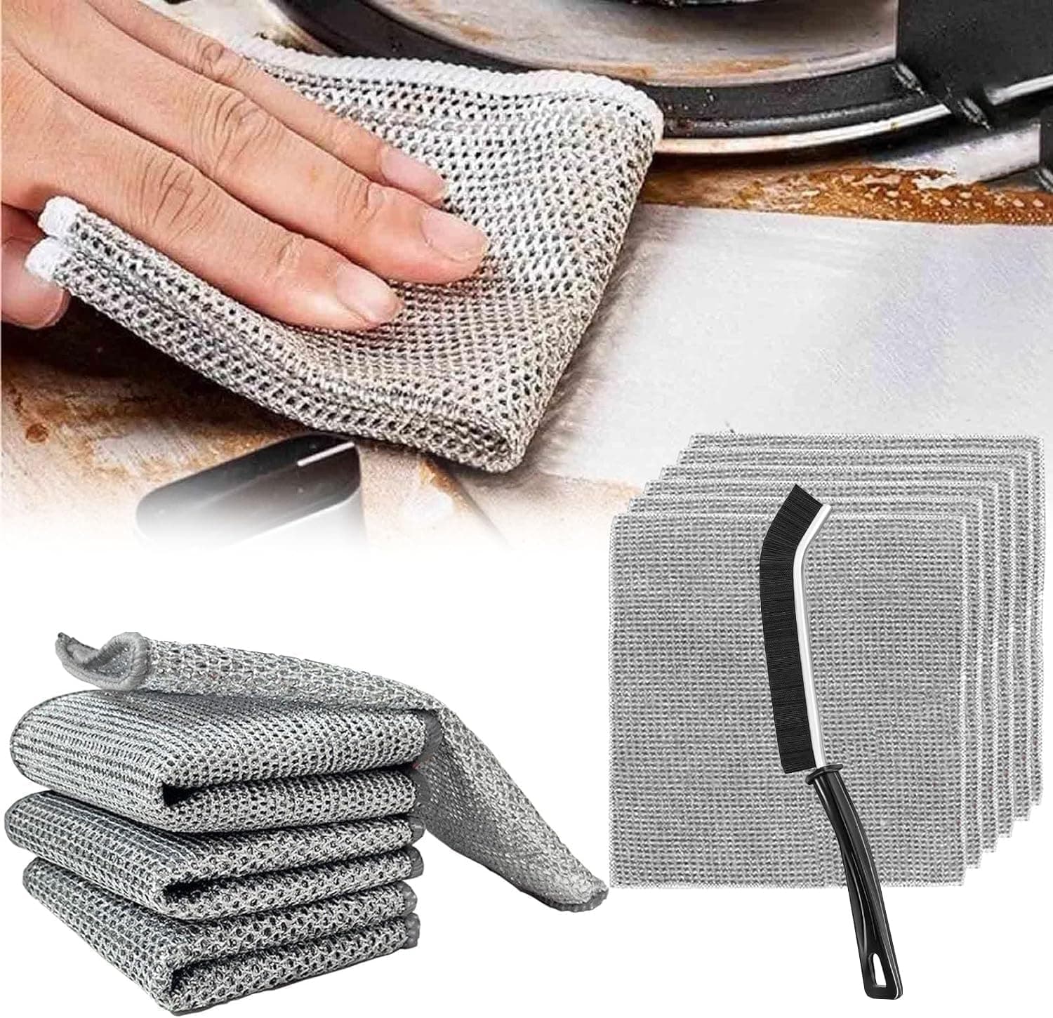 HSR Non-Scratch Wire Dishcloth & Gaps Cleaning Brush, Multipurpose Wire Dishwashing Rags for Wet and Dry, Easy Rinsing, Reusable, Wire Cleaning Cloth for Kitchen, Sinks, Pots, Pans (Pack of 3)