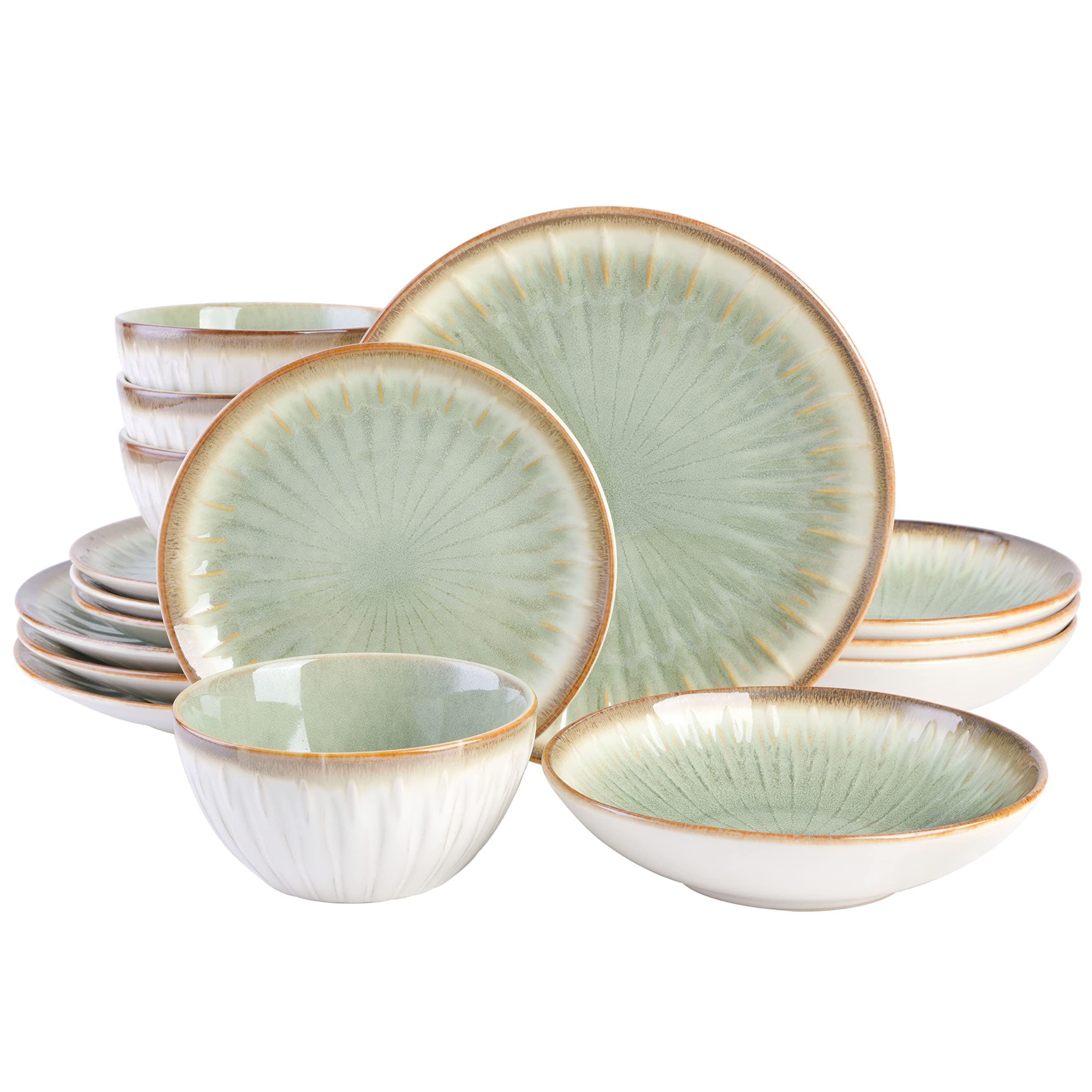 Mayfair Bay 16-Piece Embossed Double Bowl Dinnerware Set, Service for 4 – Green Stoneware Plates and Bowls