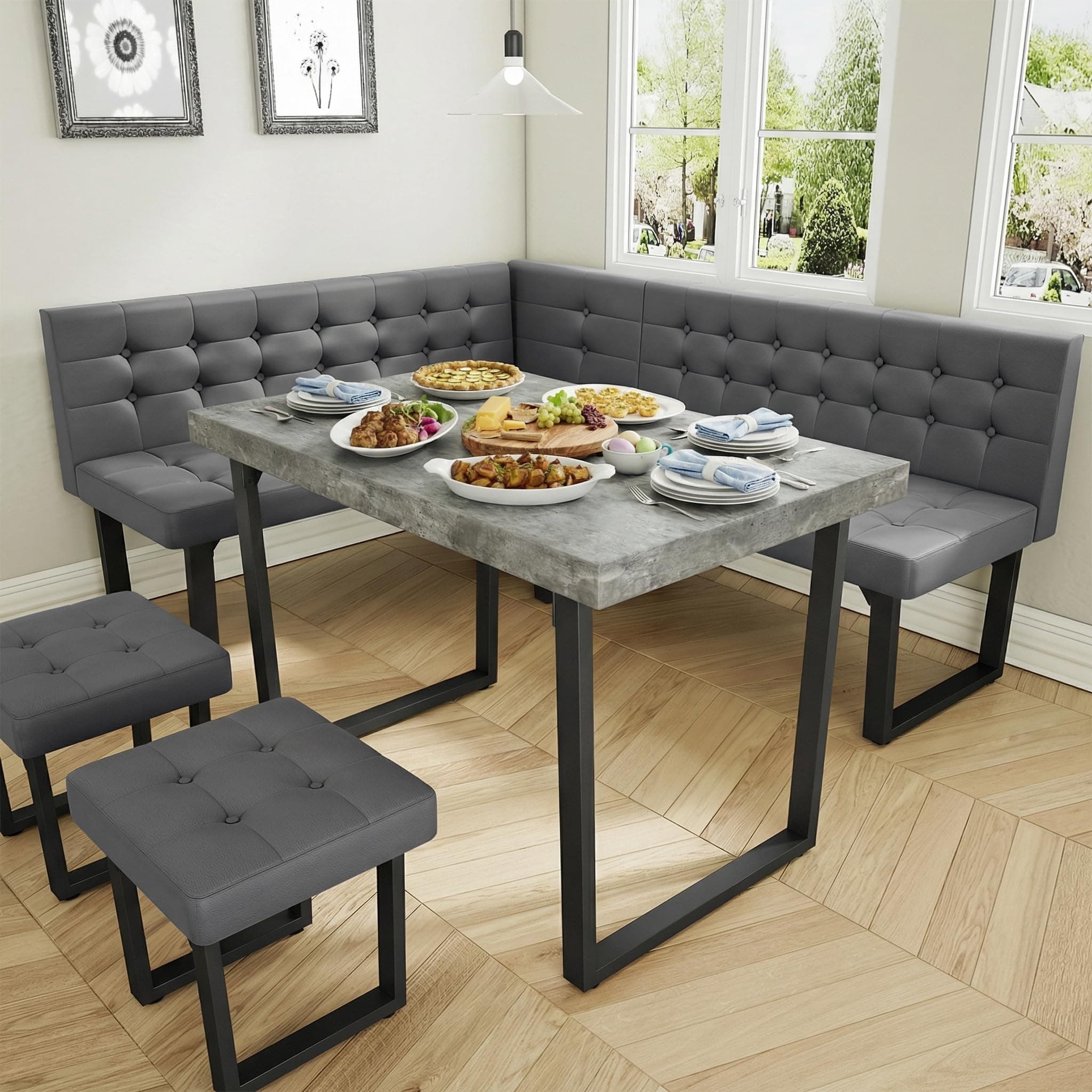 XIAO WEI Corner Dining Table Set for Small Spaces, 72 Inch Breakfast Nook with Storage Banquette, 5 Piece Dining Set with Upholstered Bench, Modern Grey