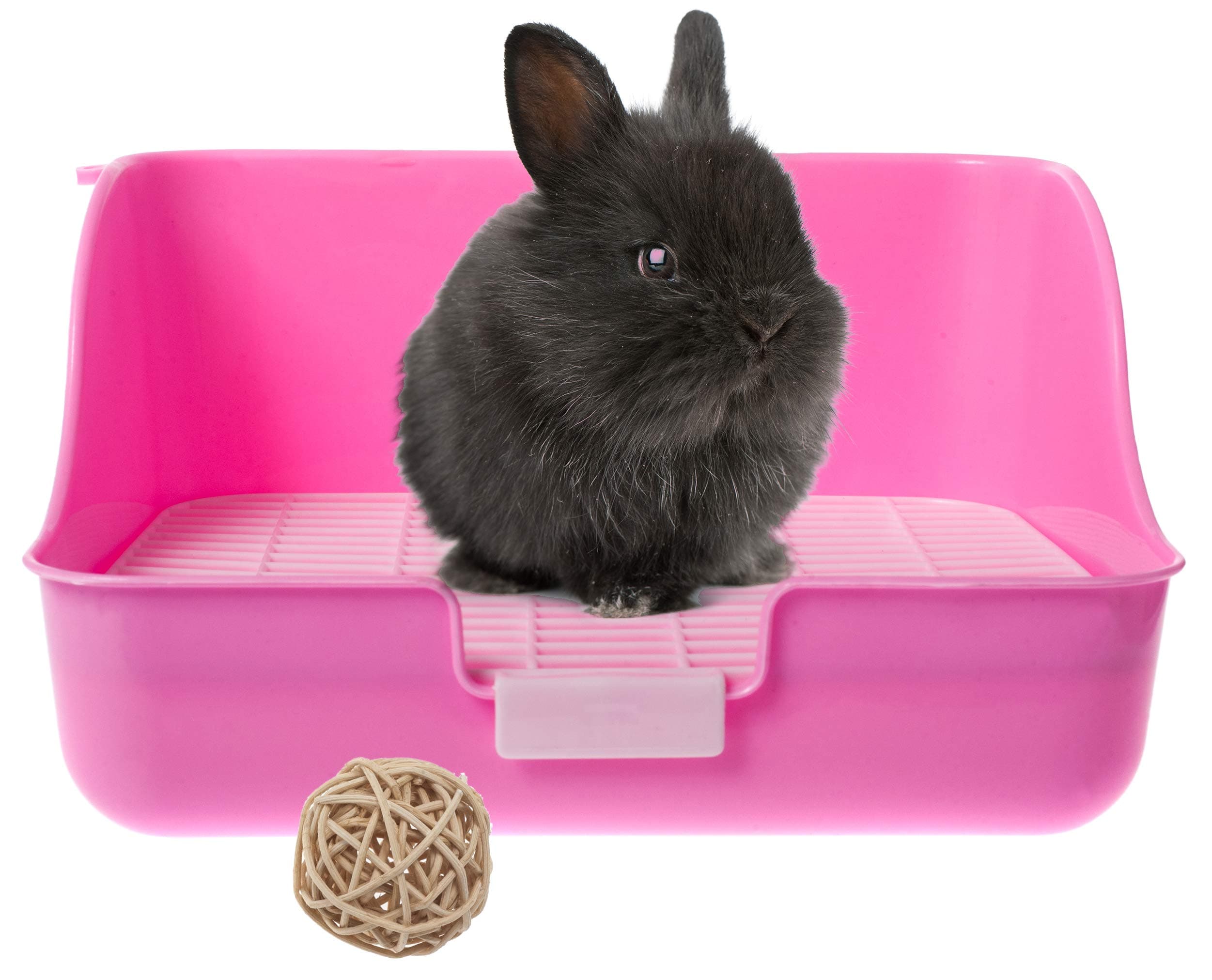 Silvergent Bunny and Small Rabbit Cage Litter Box Corner Tray Pan with grate for Potty Training, (Pink) Complete with Wicker Ball Chew Toy for Bunnies and Small Animals