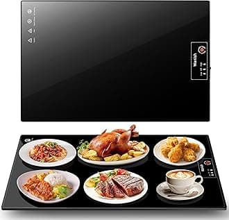 Electric Warming Tray（Large 22”x14”），Food Warmer with Thermostat and Full Surface Heating，Food Warming Mat with 2 Temperature Modes for Parties Buffet，Gatherings，Heat Resistant Glass，Black