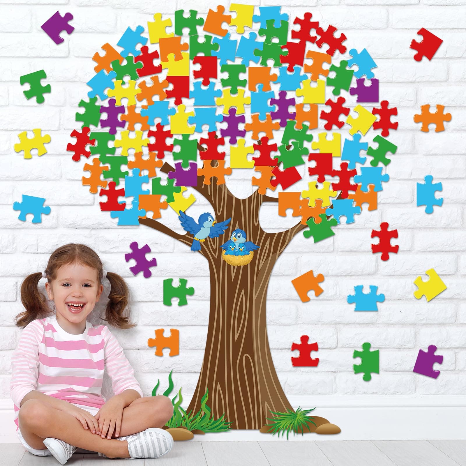 chiazllta Classroom Tree Bulletin Board Set, Puzzle Pieces Cutout Back to School Bulletin Board Tree School Classroom Wall Door Decoration Supplies for Elementary Kindergarten Teacher Chalkboard Decor
