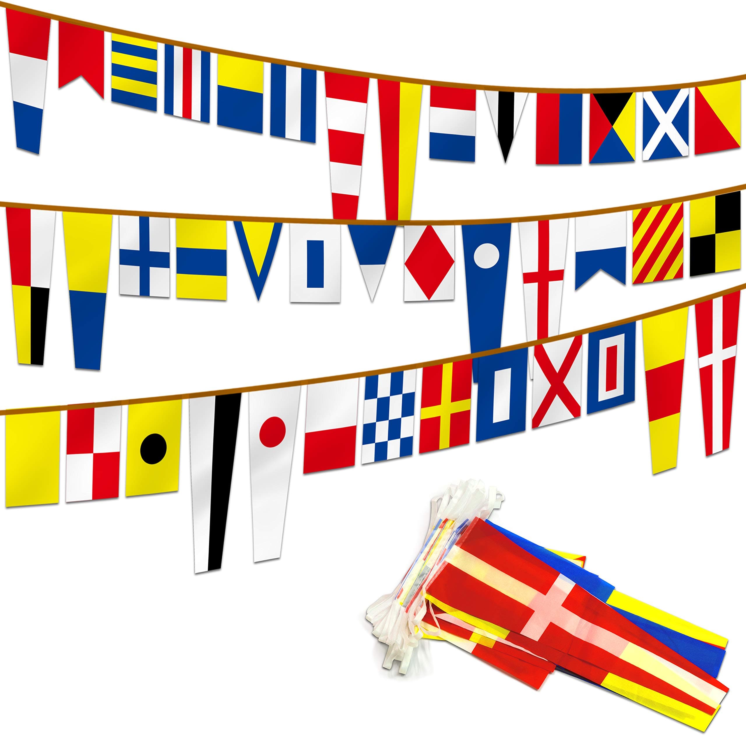 Anley International Maritime Signal Code String Flags Set of 40 Flags - 40 Ft Long Naval Themed Decoration Pennant Banners for Home/Boat/Ship/Vessel - Individual Flag of 5.5"x18" or 5.5"x9" - 40 Feet