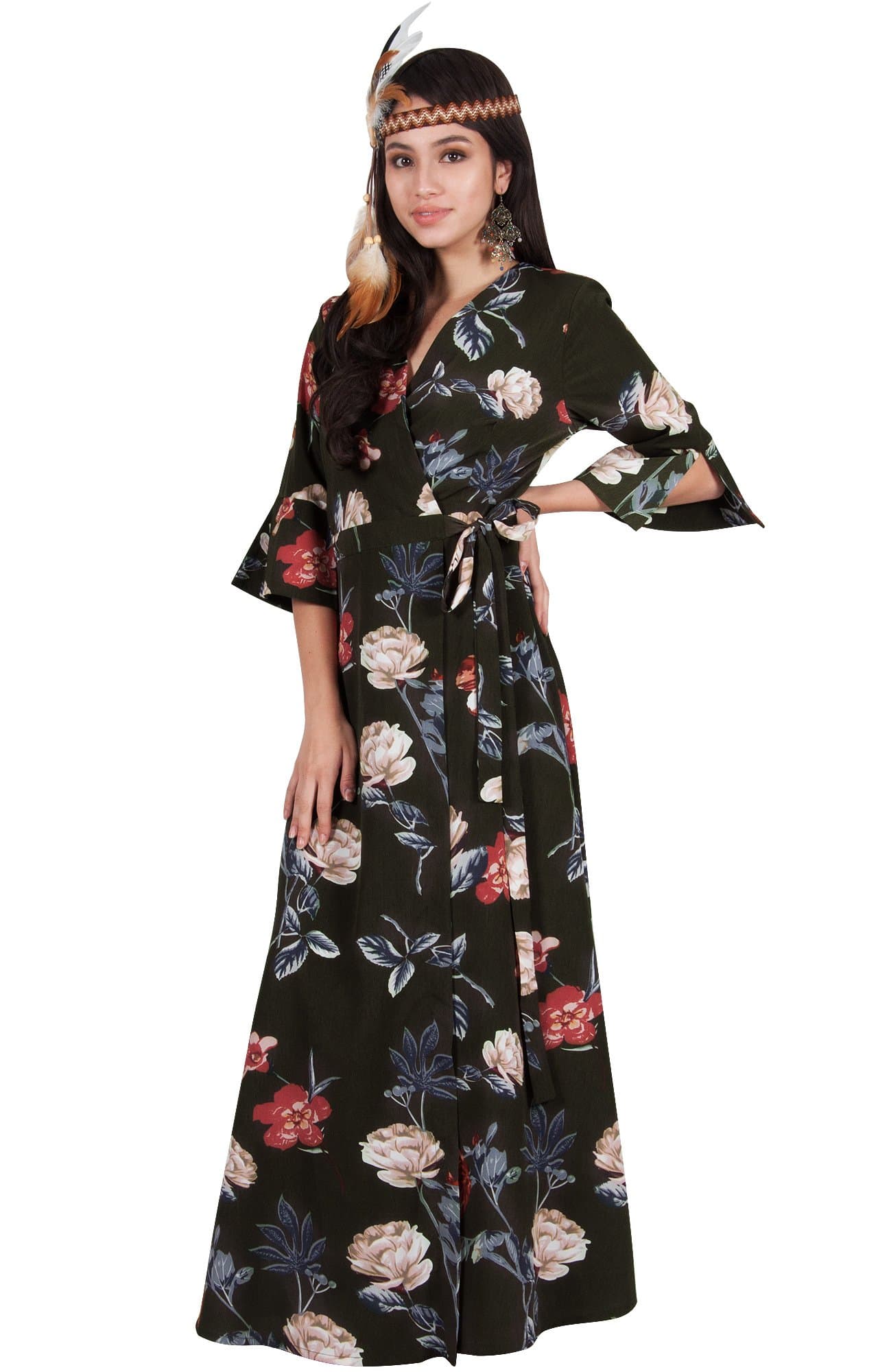 Viris Zamara Plus Size Womens Half Sleeve V Neck Casual Summer Floral Printed Long Wrap Belt Flowy Vintage Beach Party Floor Length Sundress Sundresses Maxi Dress Dresses, Olive Green XL 14-16