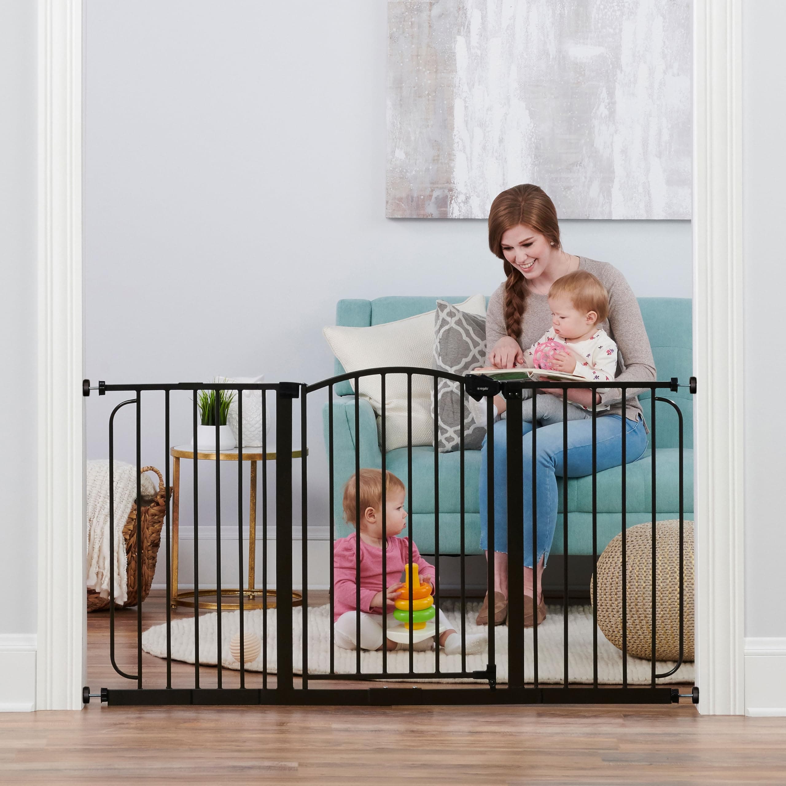 Regalo Safety 30.5-58" Extra Wide Arch Baby Gate with Door, Pressure Mount Walk Through Gate for Doorways & Bottom of Stairs, Babies, Toddlers & Pets, Tested & Safe, American Designed, American Owned