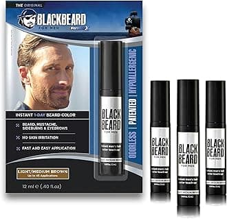 Blackbeard for Men Beard Color – 1-Day Beard, Mustache, Eyebrow, Sideburns Color – Temporary Facial Hair Tint - Hypoallergenic Beard Dye Alternative – Up to 45 applications– Light/Medium Brown, 3 Pack