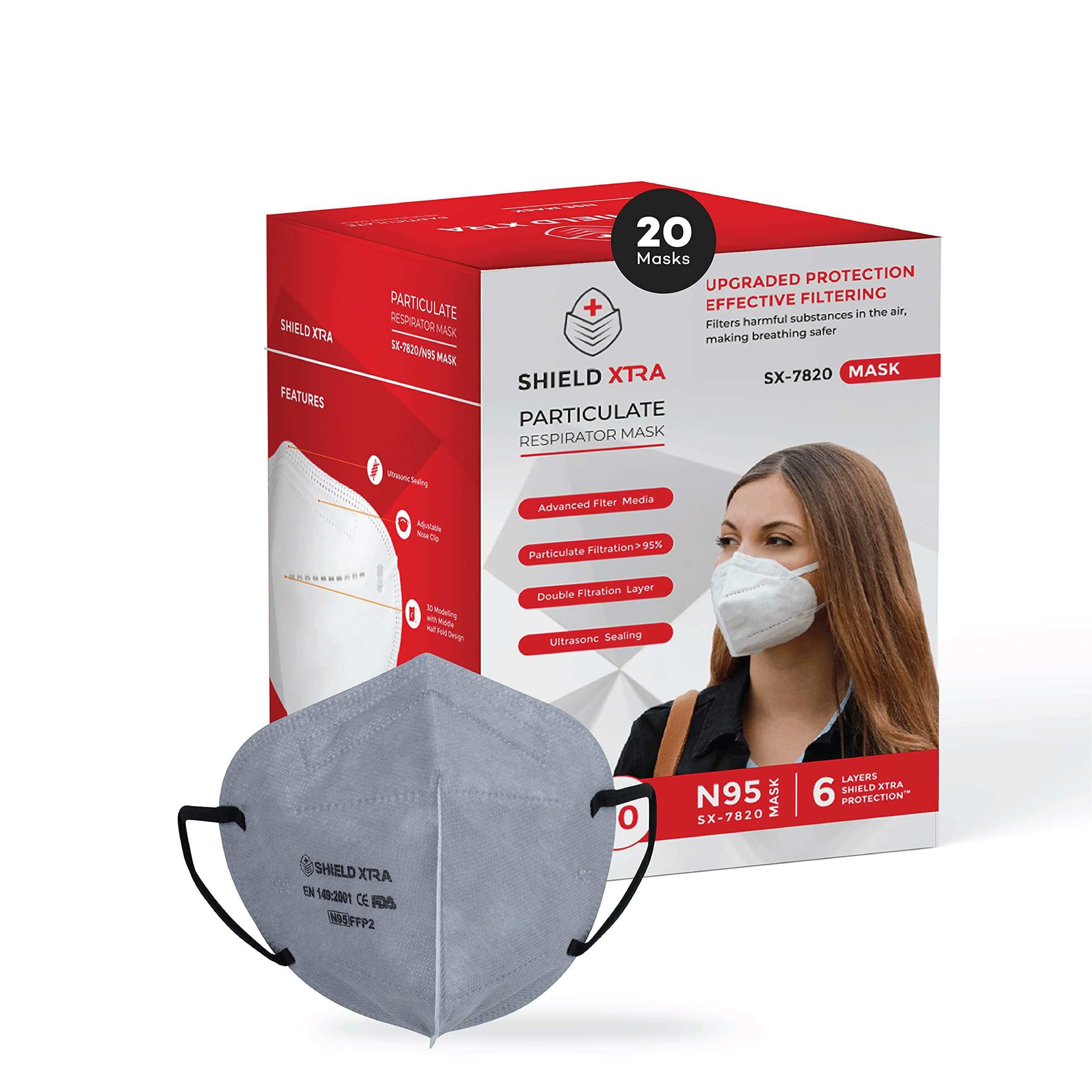 Model No. SX-7820 Outermost Hydrophobic Spun Bound SSS Grade - 50 GSM Ear Loop Style N95 Anti-Pollution Face Mask with 6 Layered Filtration (Pack of 20, Grey)