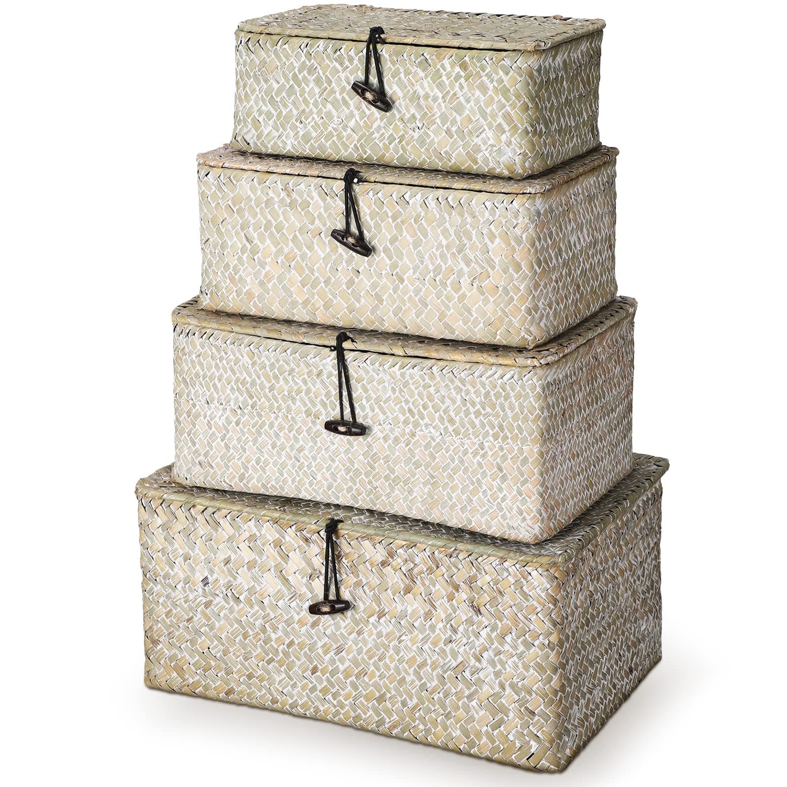 Woanger Set of 4 Rectangular White Rattan Sea Grass Wicker Storage Baskets with Lids for Decoration, Picnic, Groceries and Clothes Storage