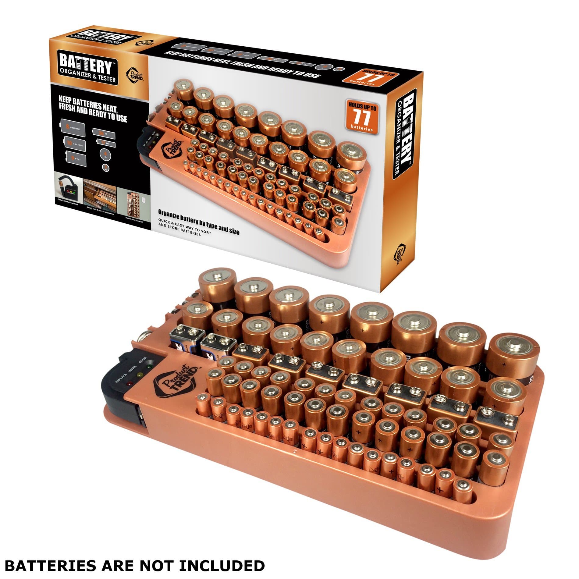 Battery Organizer with Detachable Tester, Battery Storage, Drawer Organization