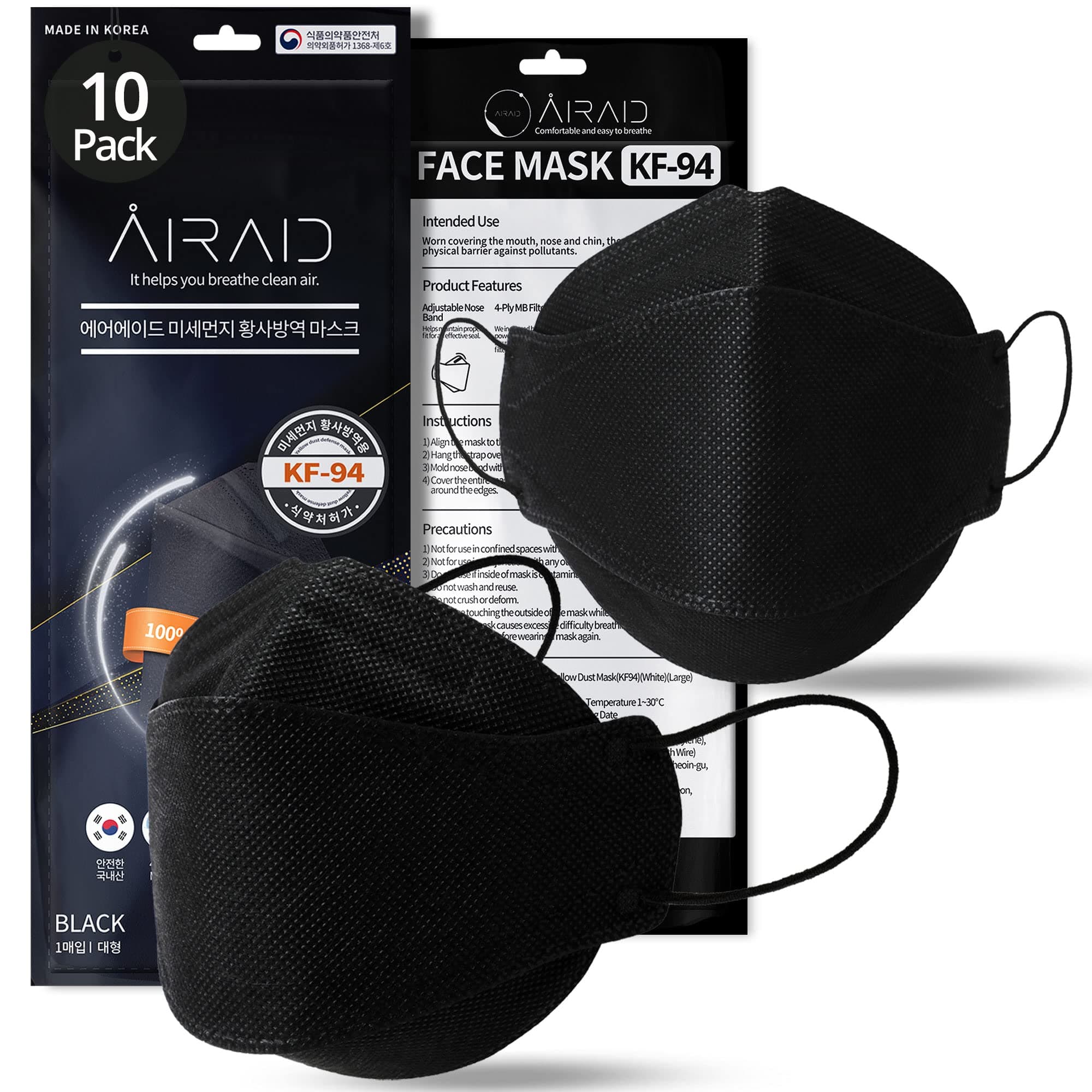 AIRAID-KF94 [Individually Wrapped] - Made in Korea, 4-Layer Filter, 3D Face Mask, Black, White, Adult and Older Teens