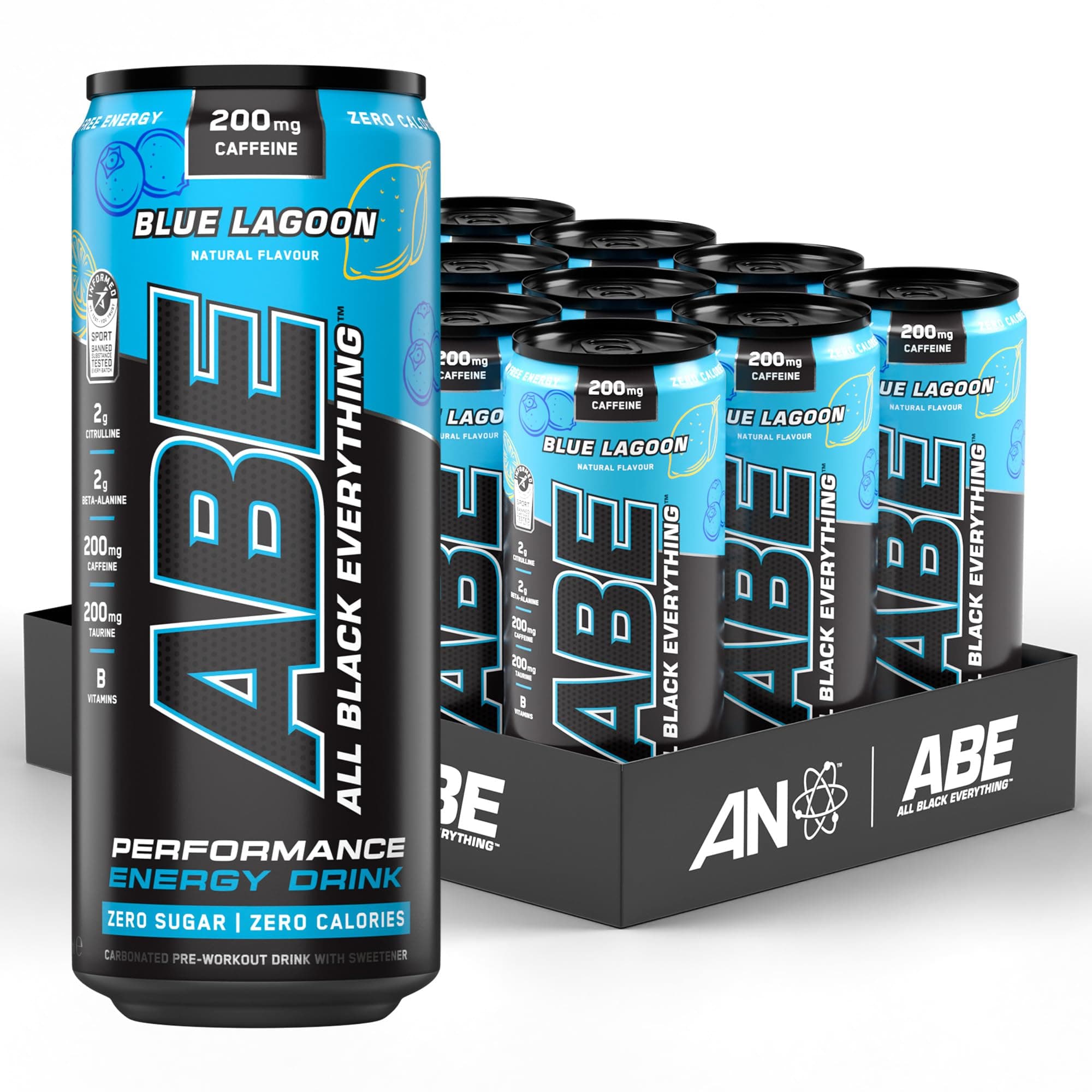 ABE Pre Workout Cans - All Black Everything Energy + Performance Drink, ABE Carbonated Beverage Sugar Free with Caffeine (Pack of 12 Cans x 330ml) (Blue Lagoon)