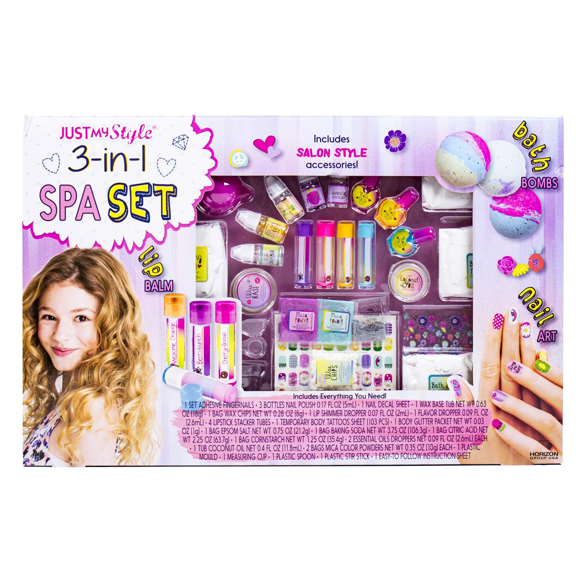 Just My Style 3-in-1 Spa Set Horizon Group USA, Shimmery Lip balms Bath Bombs & Nail Art, Multicolor