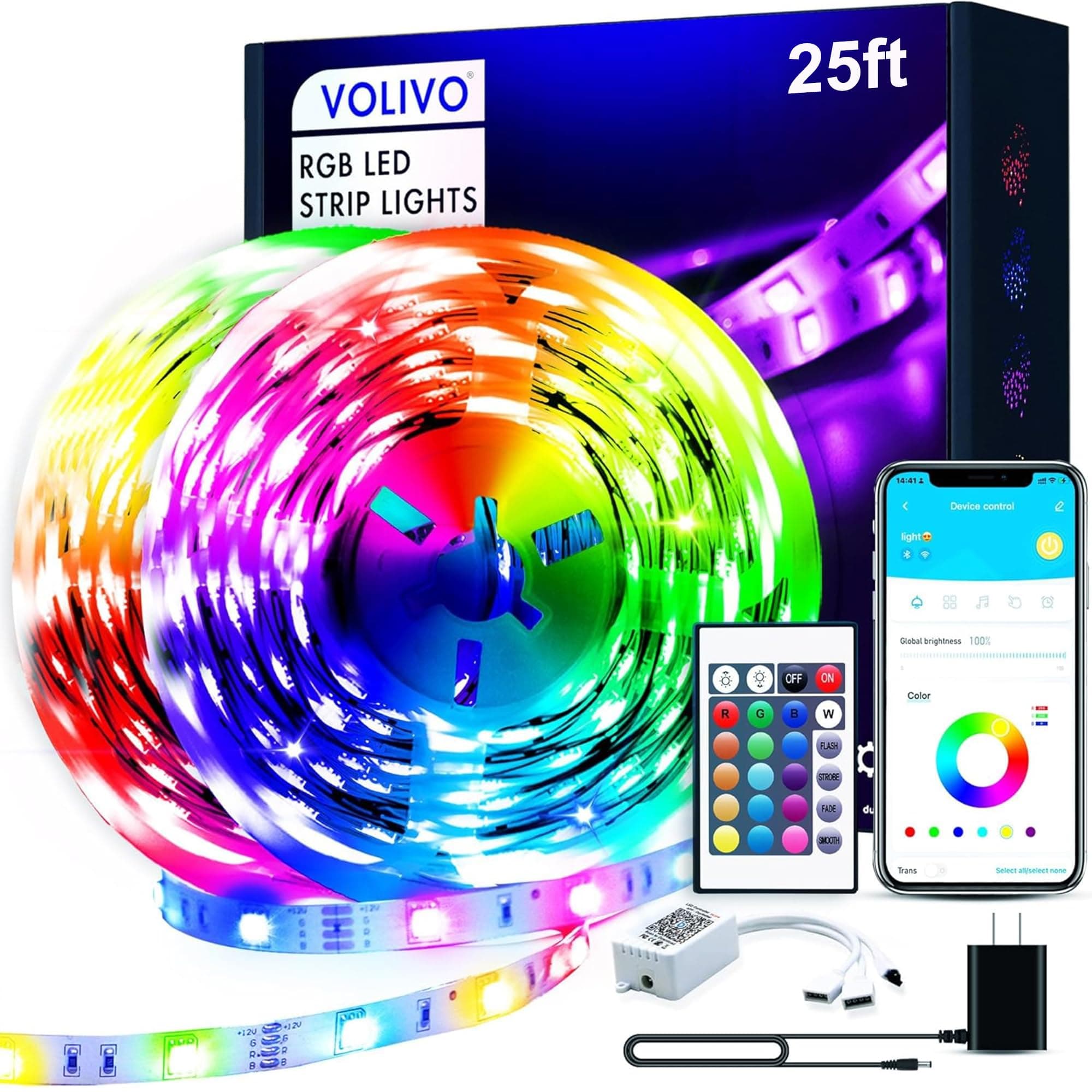 VOLIVO 25 ft Led Strip Lights for Bedroom, Color Changing Led Light Strips Kit with Bluetooth App Control and IR Remote, RGB Music Sync Lighting for Room, Home Decor
