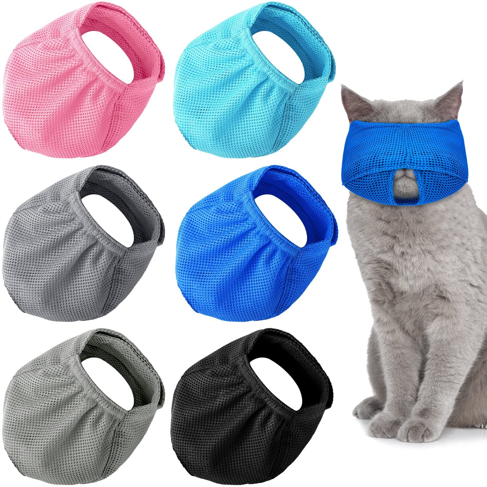 6 Pcs Cat Muzzle for Grooming Breathable Mesh Muzzles Gentle and Soft Colorful Cat Mouth Guard for Anti Biting Chewing Grooming(Black, Blue, Gray, Light Gray, Pink, Light Blue)