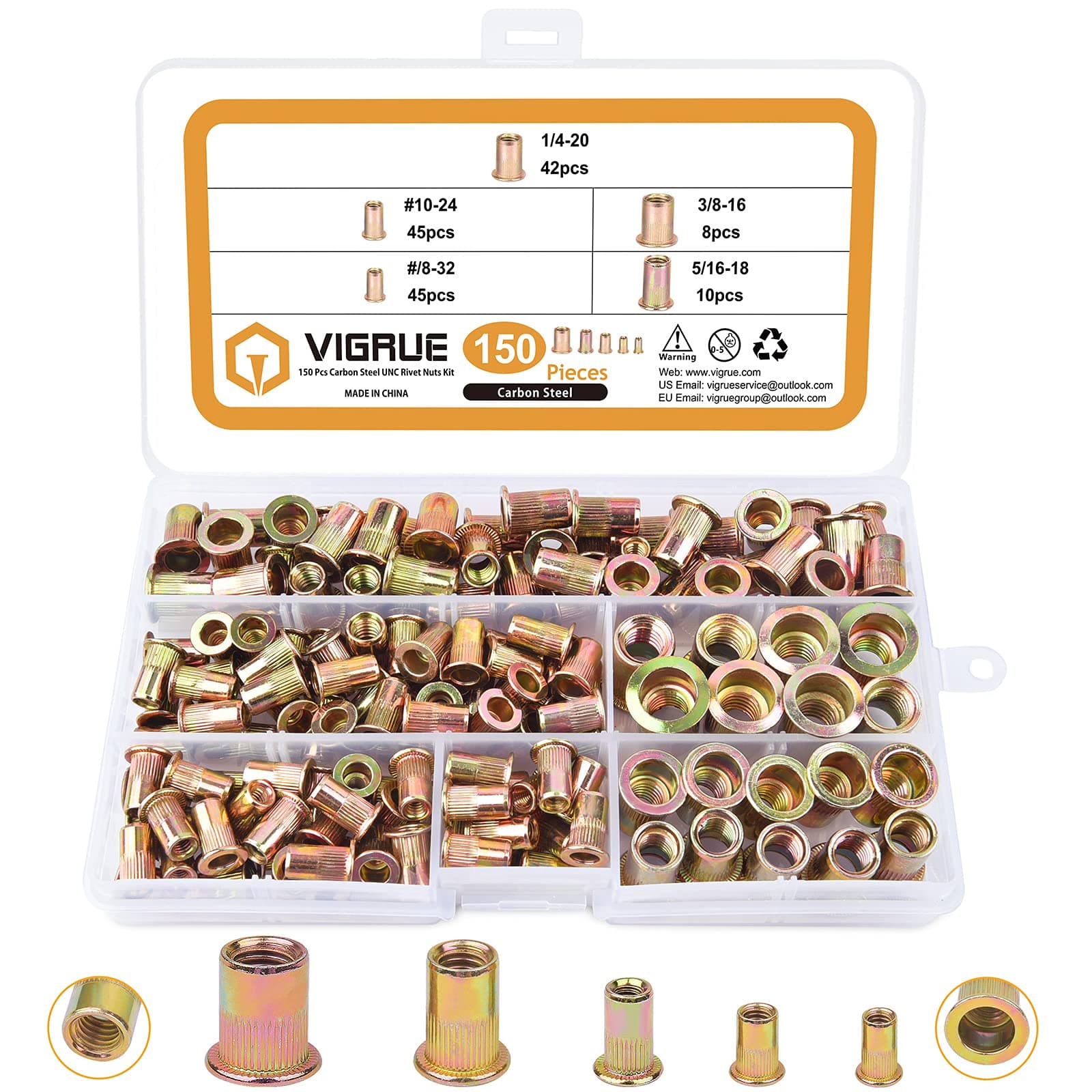150pcs #8-32#10-24 1/4"-20 5/16"-18 3/8"-16 Carbon Steel UNC Rivet Nuts Assortment Kit, Yellow Zinc Plated Finish, Flat Head Threaded Insert Nut Assort