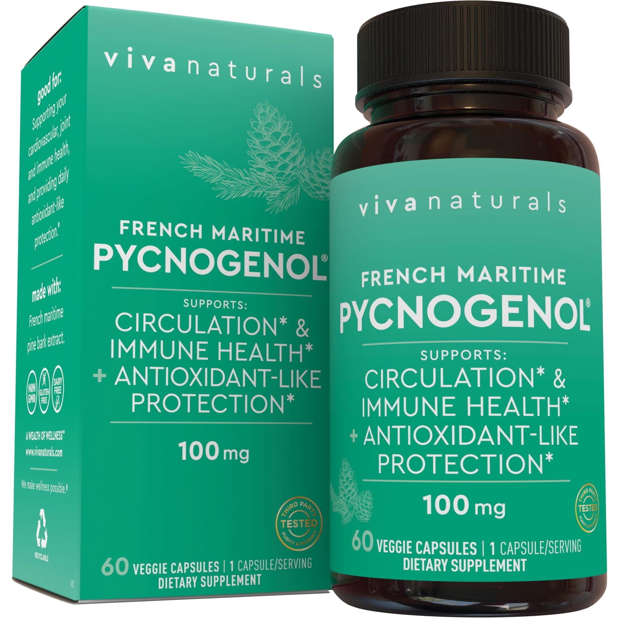 Pycnogenol - 100mg French Maritime Pine Bark Extract – Supports Circulation, Antioxidant-Like Activity, Joints & Immune Health and Function – 60 Veggie Capsules