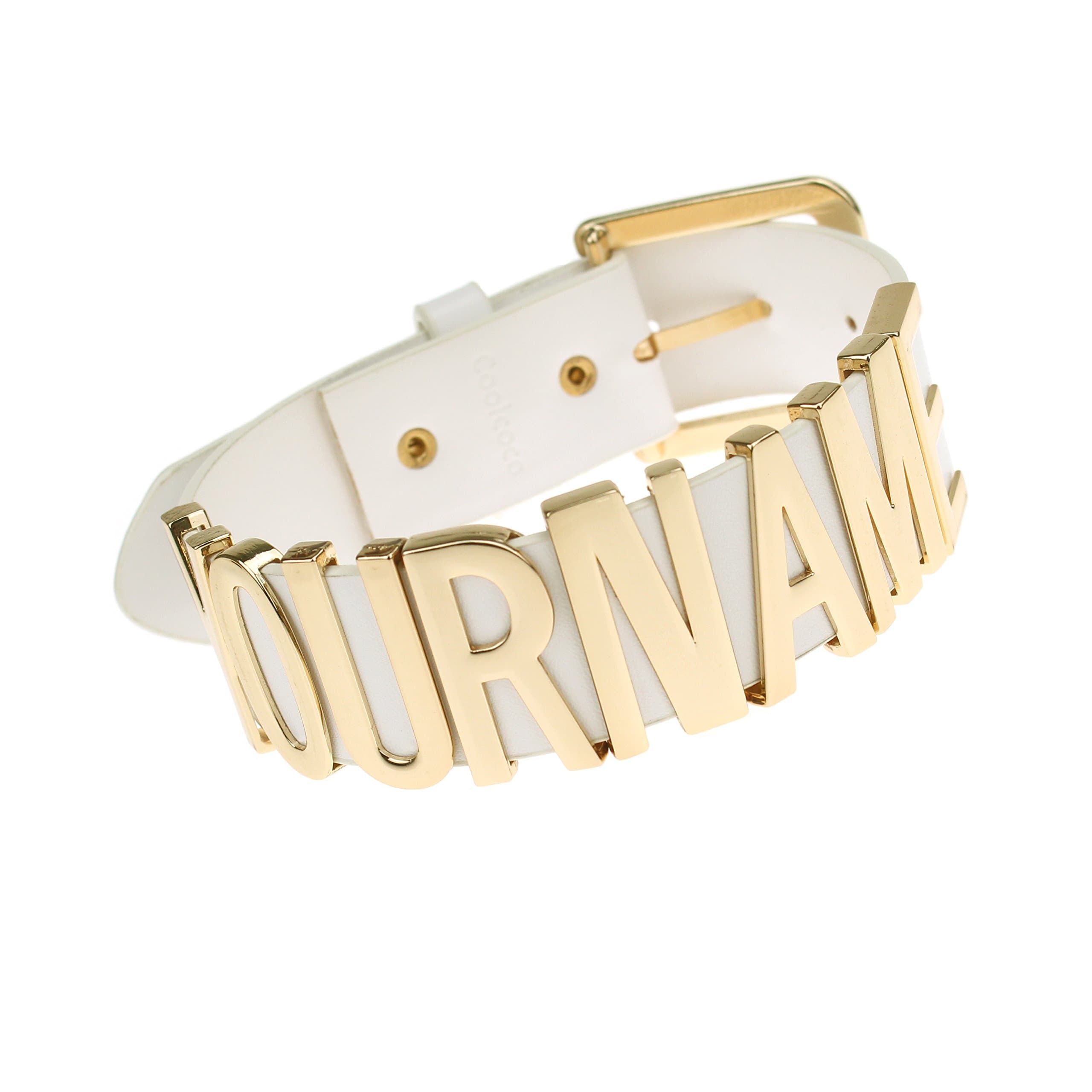 Coolcoco Adjustable White Leather Belt Gold Letter Customized Name Choker Necklace Collar for Women Kids Children